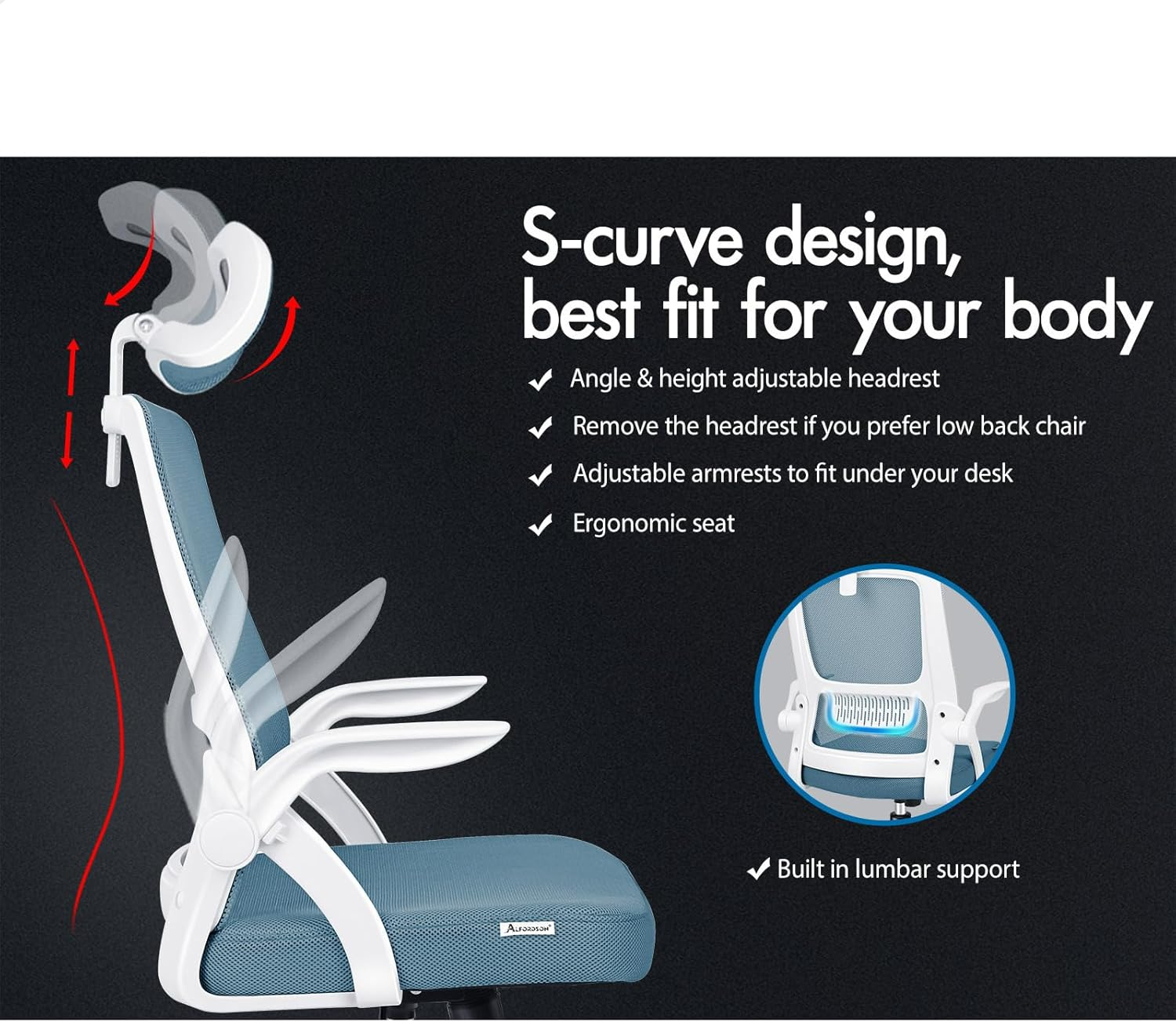 ALFORDSON Office Chair Mesh Computer Chair Swivel Executive Desk Chair with Adjustable Headrest and Armrest Arco Series(Blue) image number 4