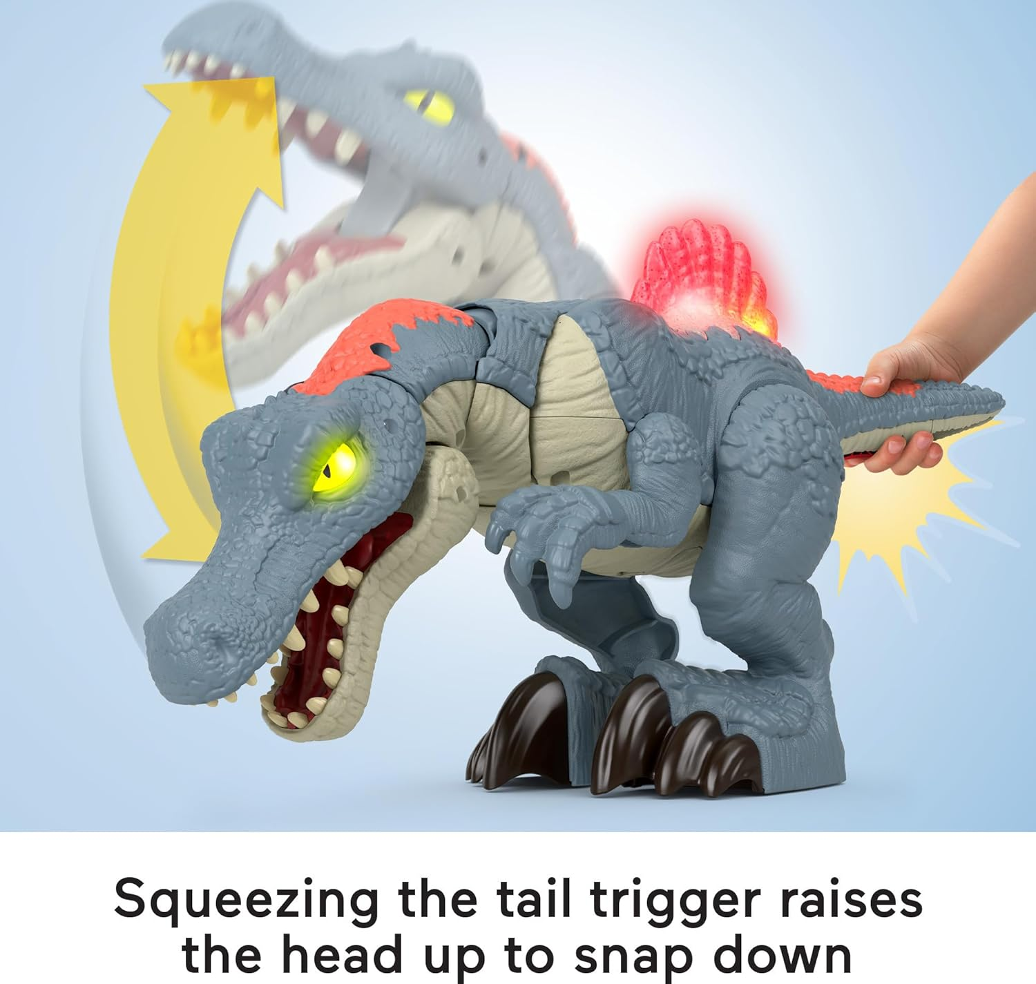 Imaginext Fisher-Price Imaginext Jurassic World Dinosaur Toy Ultra Snap Spinosaurus with Lights Sounds & Chomping Action plus Figure for Ages 3+ Years image number 4