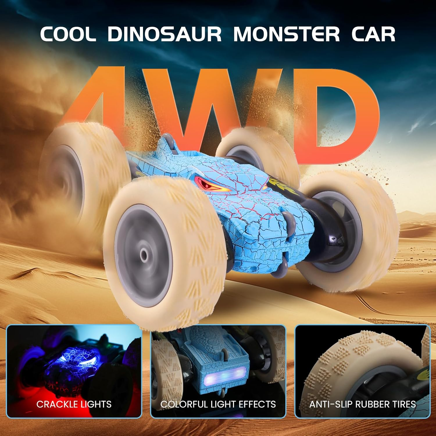 Remote Control Car for Kids &ndash; 2.4Ghz Dinosaur Monster RC Stunt Car - 360&deg; Rotating Drift with LED Lights - Rechargeable 4WD Toy for Boys and Girls Ages 6+ - Indoor/Outdoor RC Vehicle (Blue) - Blue image number 4