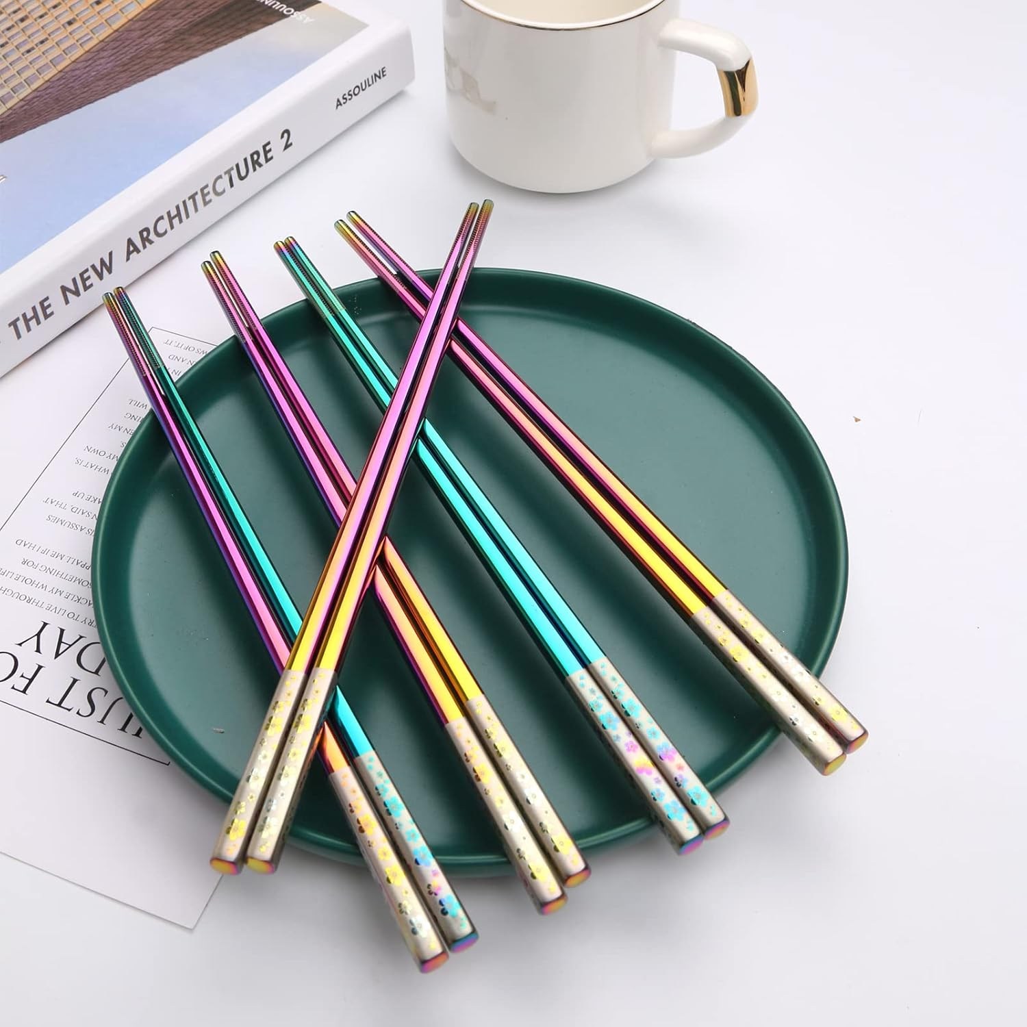 YOZOTI Stainless Steel Rainbow Color Chopsticks, Reusable Chopsticks , 5 Pairs Dishwasher Safe Metal Chopstick, Easy to Use, Square Lightweight Chop Sticks - Gift Set(Dazzling) image number 2