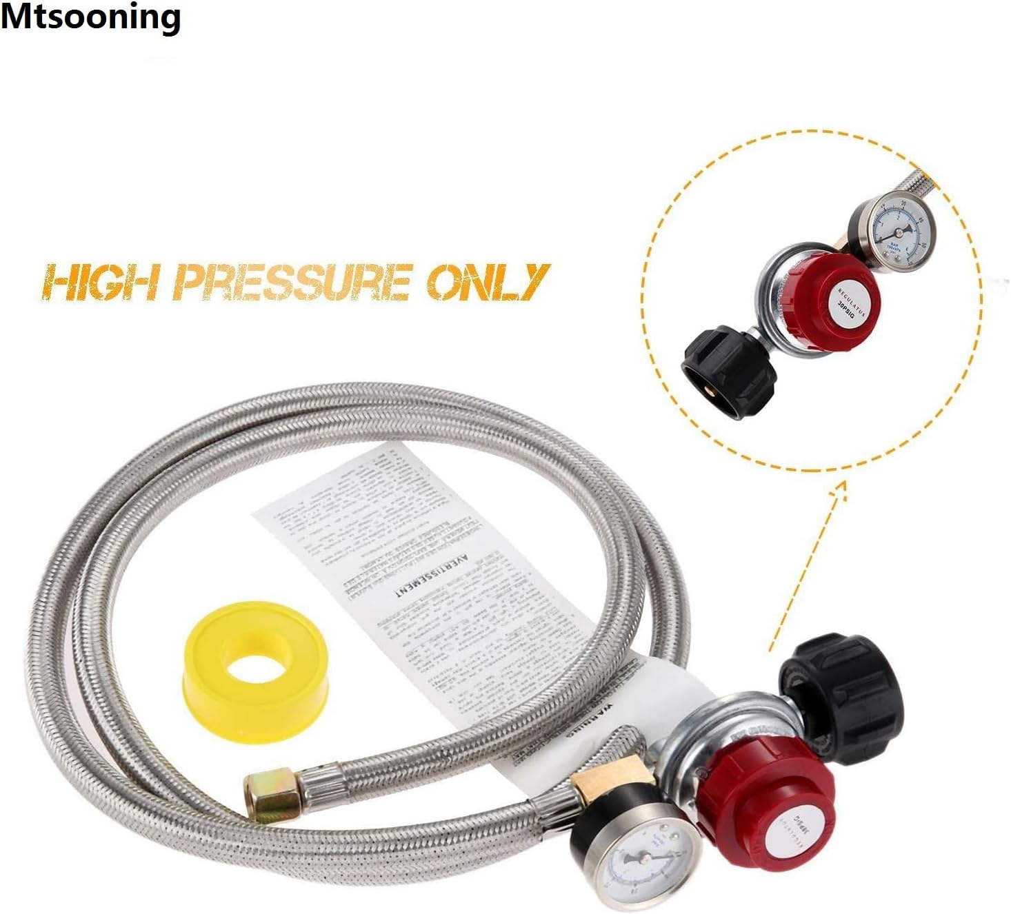 Mtsooning 0-30 PSI High Pressure Adjustable Propane Regulator with Stainless Steel Braided Hose& Gauge, 60&rsquo;&rsquo; Hose Qcc1/Type1 to 3/8" Female Flare, for BBQ Fire Pit Gas Stove Forge Smoker Turkey Fryer image number 2