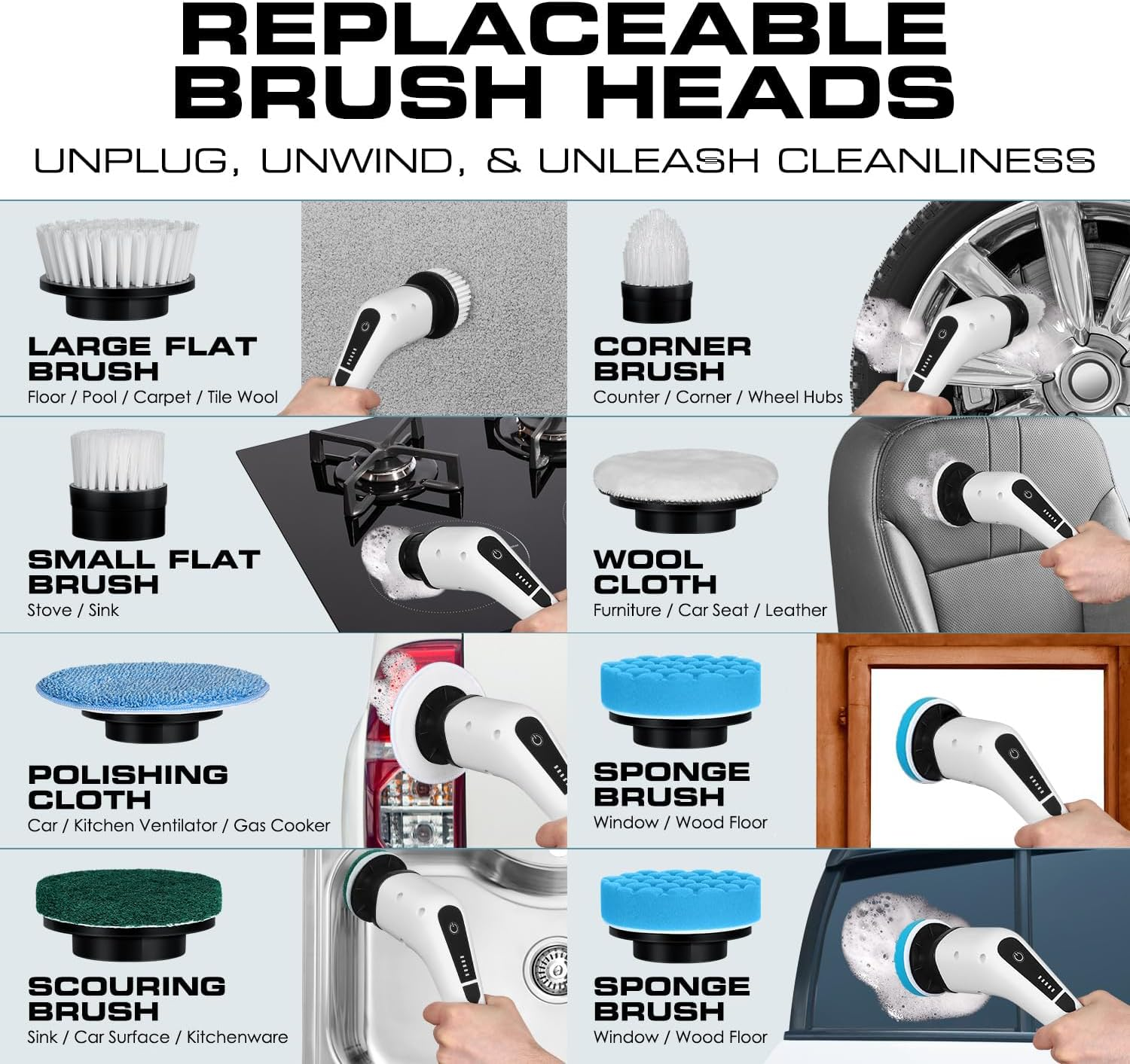 Electric Spin Scrubber, Cordless Shower Scrubber, 7 Replacement Brush Head, 1.5H Bathroom Scrubber Dual Speed, Shower Cleaning Brush with Extension Arm for Bathtub Tile Floor image number 5