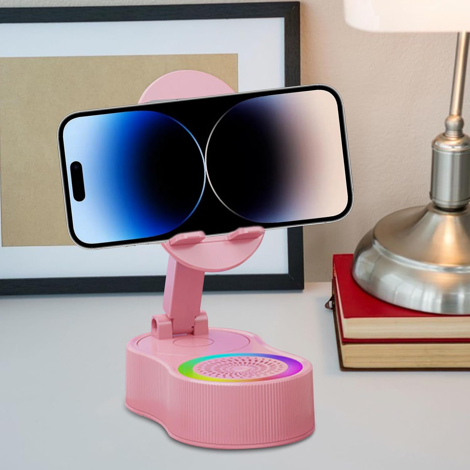 Frfik Cell Phone Stand with Speaker | Wireless Speaker Audio Stand with Light - Sound Dock Tablet Live Streaming Bracket for Home Travel Dormitory Vacation Apartment Hotel - White image number 6