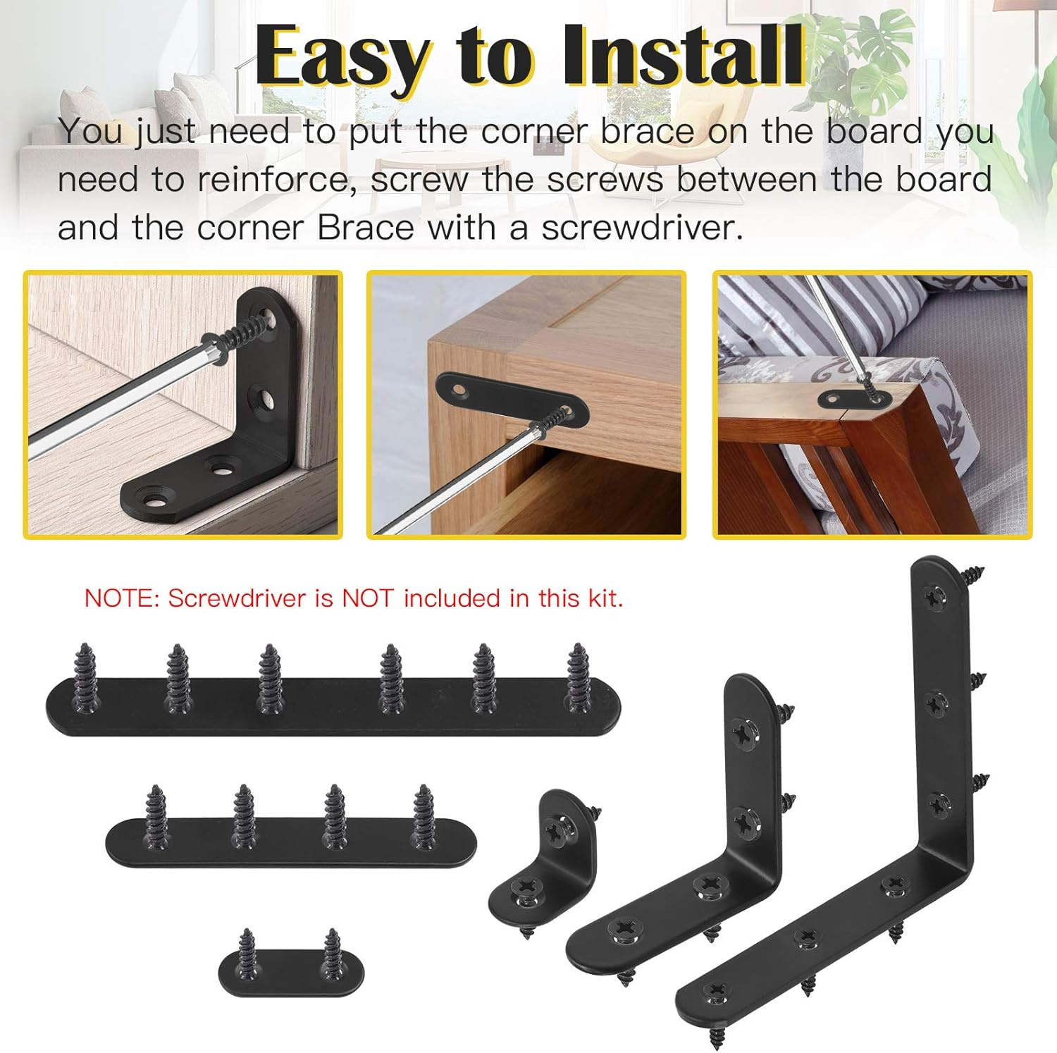 Mardatt 24 Sets Black Corner Braces L Brackets and Straight Braces Mending Plates Heavy Duty Assortment Kit with Screws Fasteners for Wood Shelf Chair Cabinet Furniture (20/50/100Mm,40/100/160Mm) image number 3