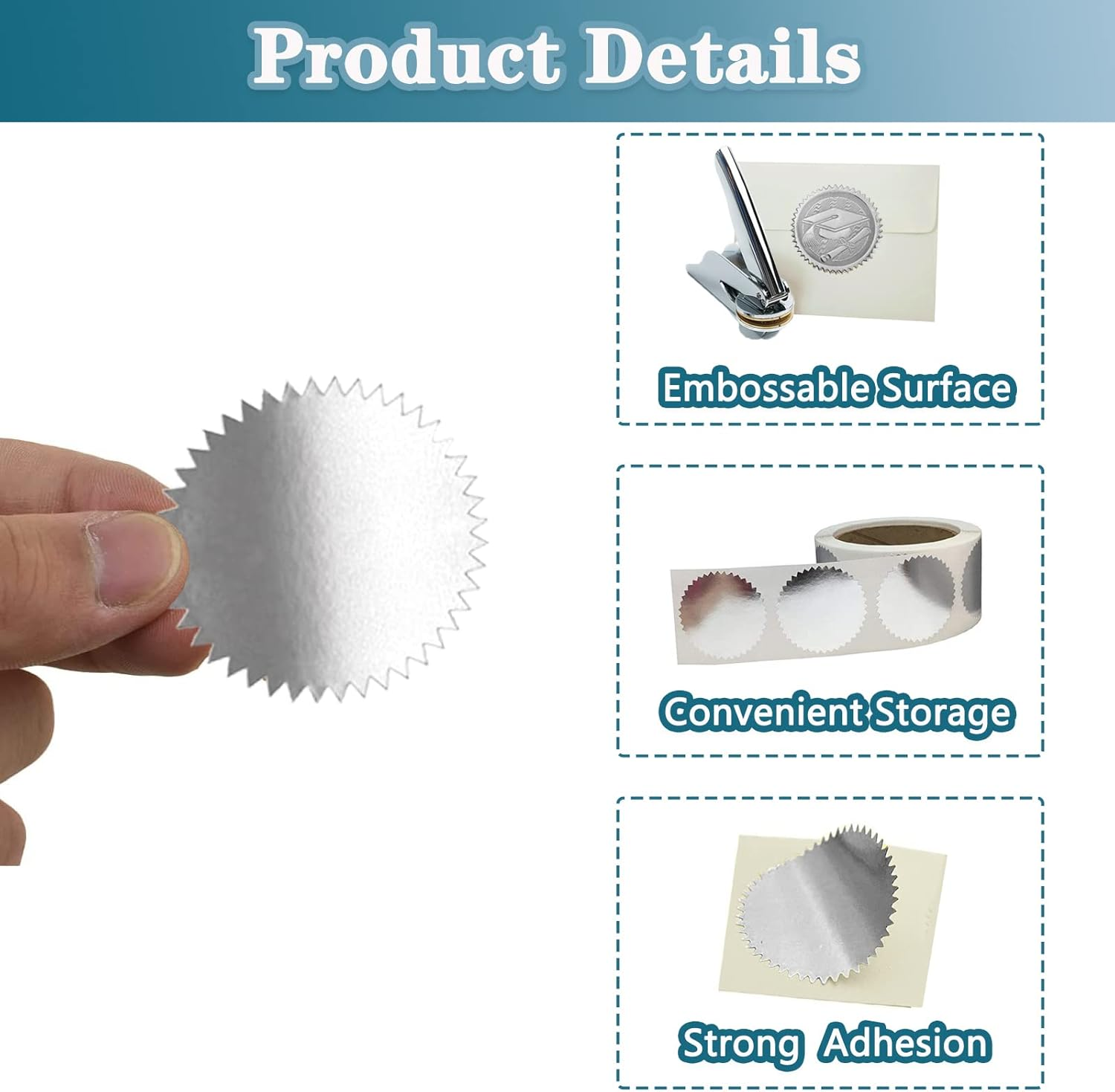 Certificate Award Seals, Silver Metallic Stickers with Serrated Edge 2'' Wafer Seals Labels for Envelopes, Package, School, Business - 250 PCS image number 1