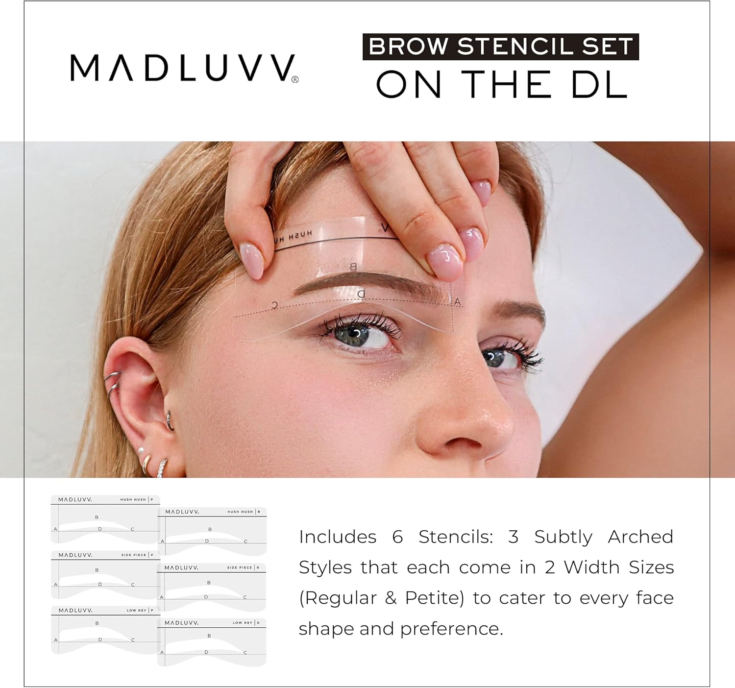 MADLUVV Best Eyebrow Shaping Stencil Kit, Set of 6 Plastic Reusable Stencils for Semi Permanent Microblading Tattoo & Makeup Artists with Pencil & Microblades (On the DL) image number 2