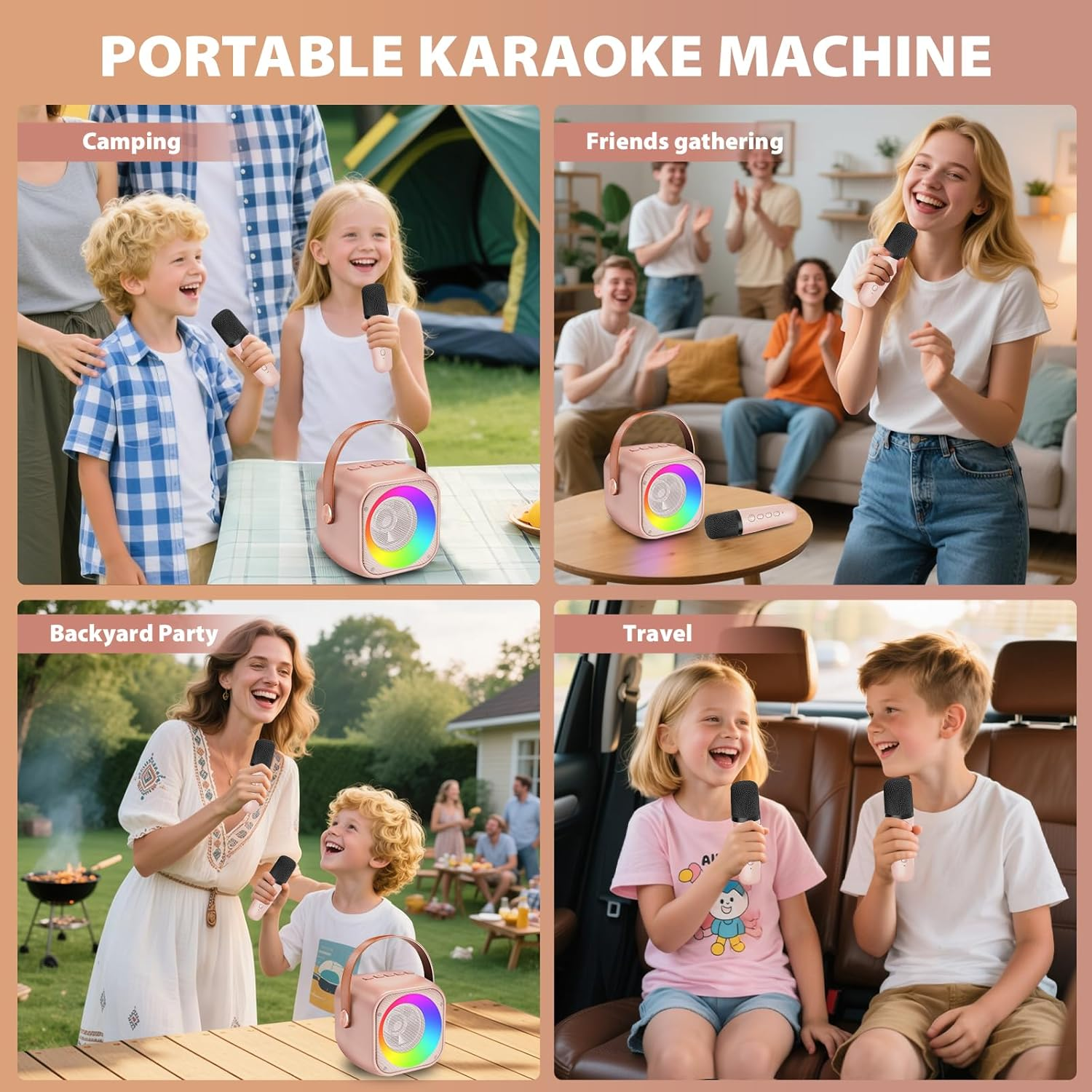 Mini Karaoke Machine for Kids Adults, Portable Bluetooth Speaker with 2 Wireless Microphones, Microphone and Speaker Set with Disco Light for Home Party Christmas Birthday Gift for Girls Boys - Black image number 2