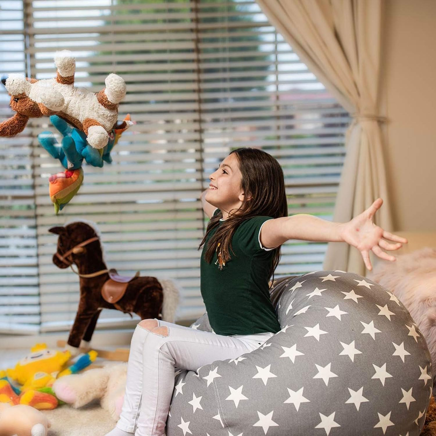 Stuffed Animal Storage Bean Bag Chair, Zipper Beanbag Cover, Stuff and Sit Bean Bag Cover, Washable Pouf Organizer for Plush Toys, Linens, Quilts, Pillows (Grey Star, 32 in Large) image number 3