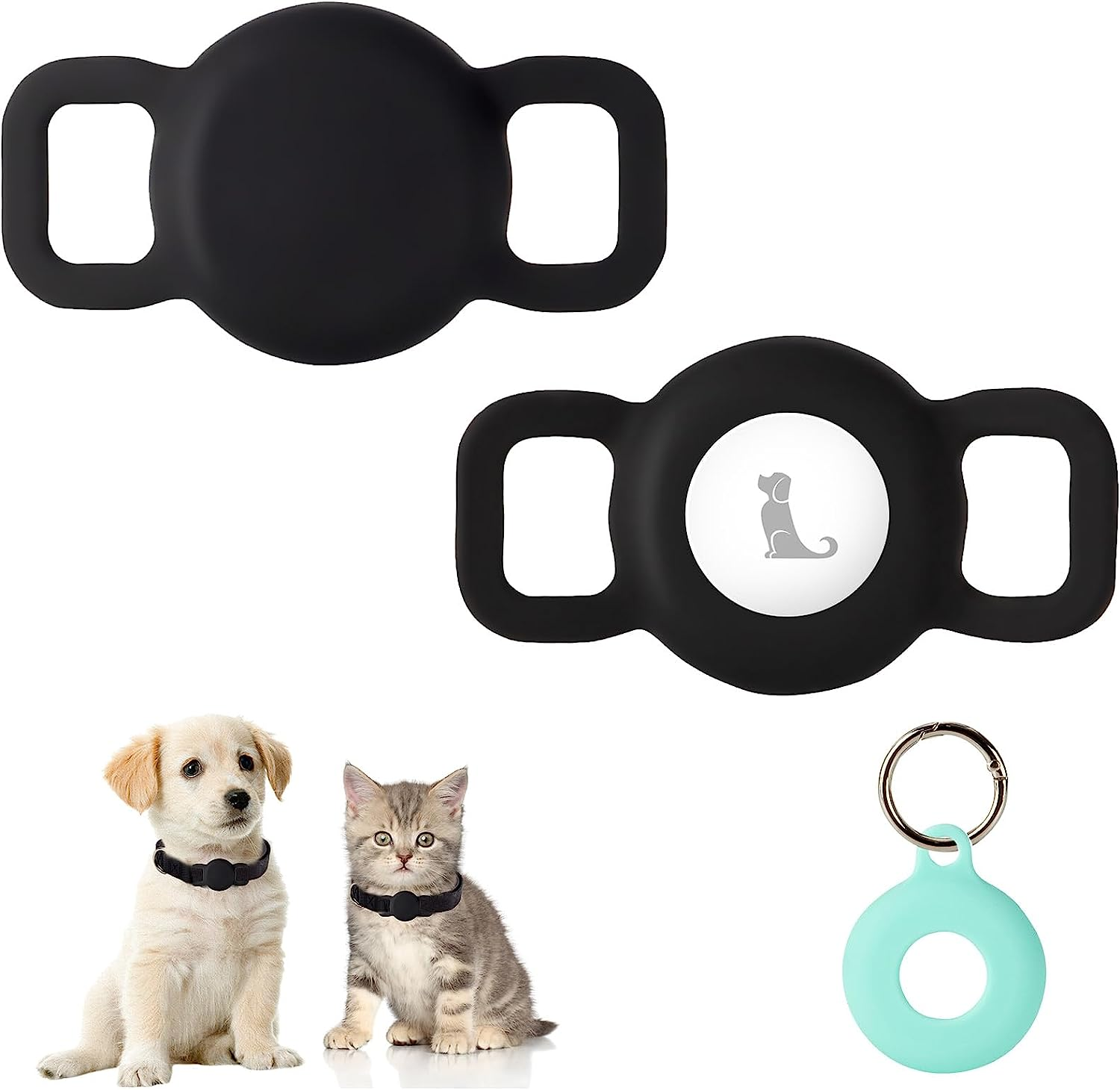 Puppydoggy 2 Pack Silicone Dog Collar Tag Holder Suitable for Airtag, Dog Cat Tracker Case Waterproof, Scratch-Resistant, Anti-Lost & 1 Pack Keychain Holder Case for Bag, Suitcase (Small, Black)