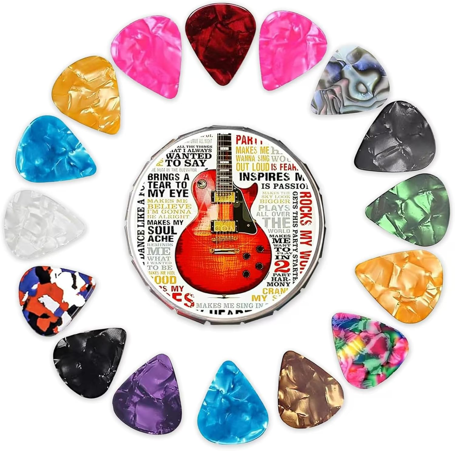 16 Pack Guitar Picks with Organizer Storage Box, 3 Different Thickness Colorful Celluloid Guitar Picks Plectrums for Acoustic Guitar, Electric Guitar, Bass, Ukulele - Colorful-12 image number 2