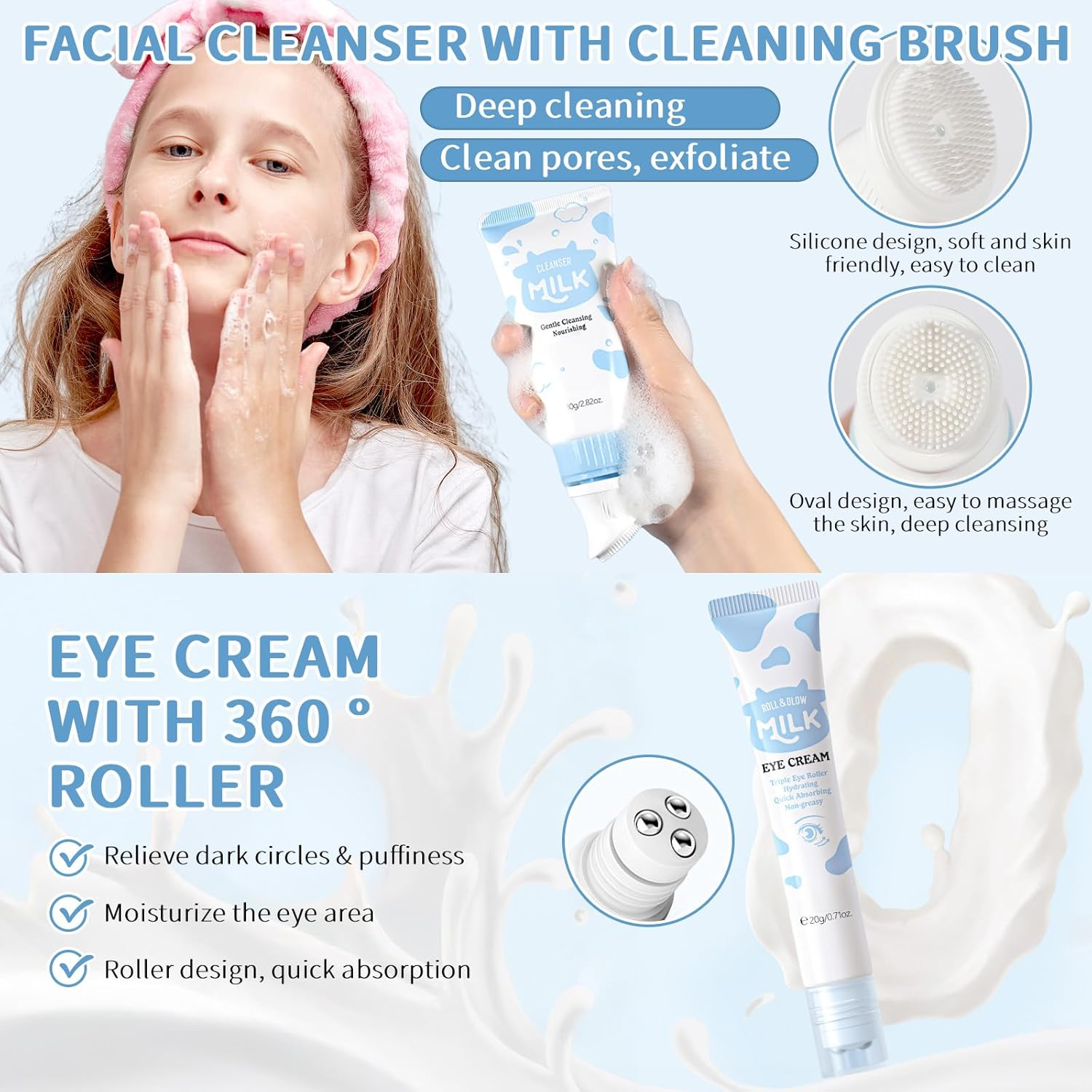 Skin Care Routine Set for Girls, anti Aging Milk Skin Care Set with Cleanser, Serum, Cream, Eye Cream for Acne, Shrink Pores, Face Skincare Travel Kit with Hyaluronic Acid for Women, Daily Care image number 2