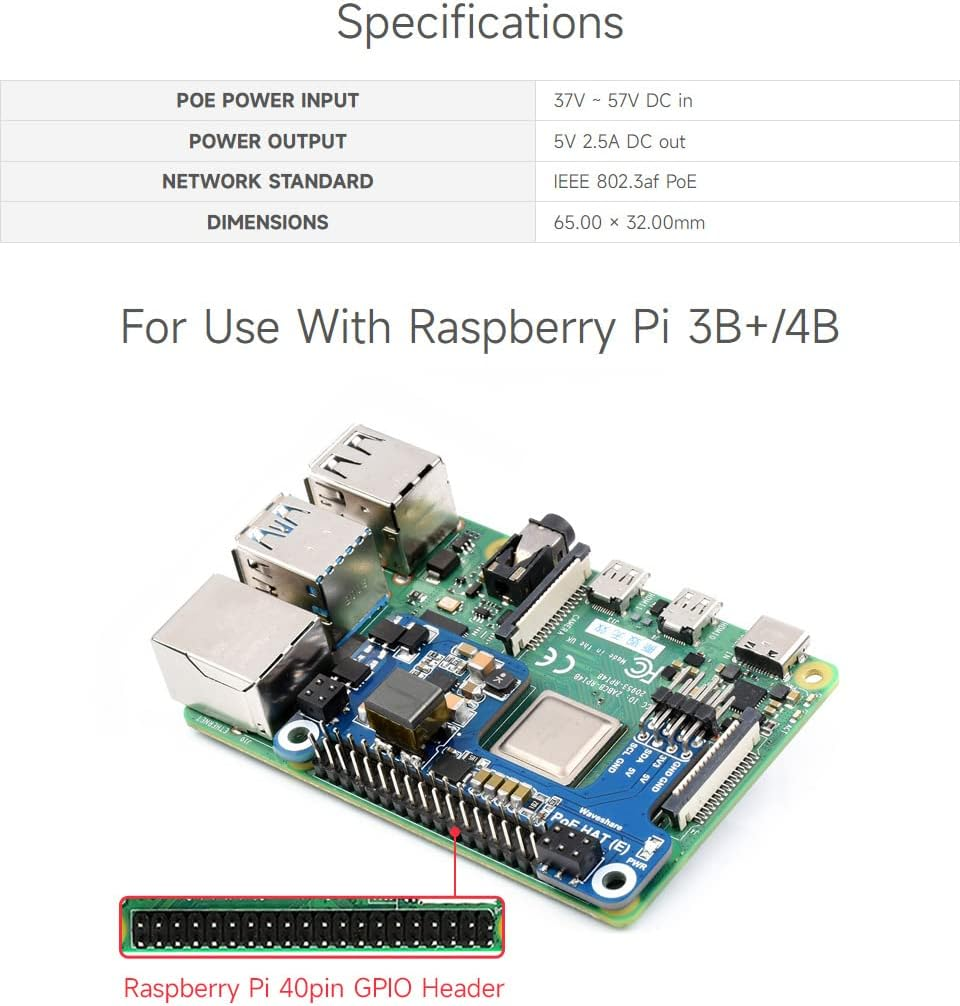 Waveshare POE Hat,Power over Ethernet HAT Type E Compatible with Raspberry Pi 3B+/4B 802.3Af-Compliant, Mini Body, More Space-Saving image number 3