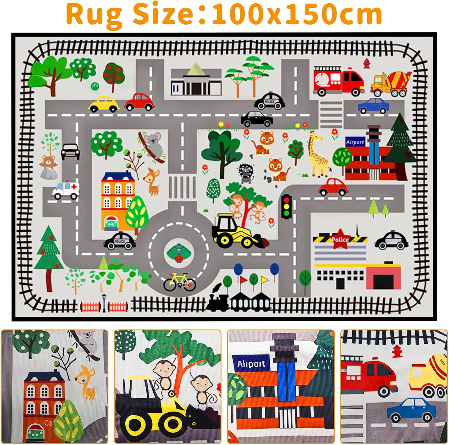 Kids Carpet City Play Mat, Kids Car Rug Play Mat, Educational Learning Carpet City Road Traffic Fun Play Area Rugs, Non-Slip Floor Mat for Playroom Room Decor (Road 2, 100 * 150Cm) - Road 3 image number 7