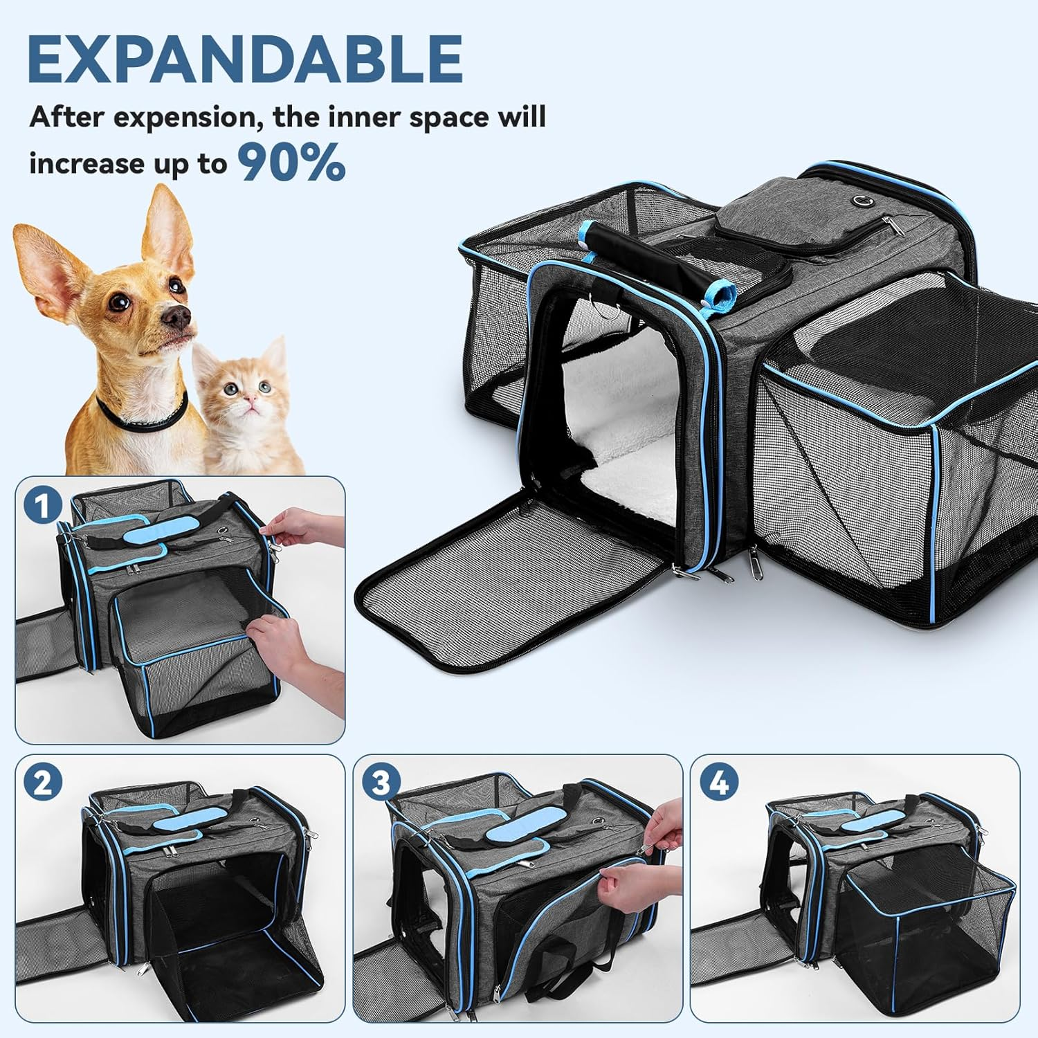 Expandable Cat Backpack - Dog Backpack up to 15 Kg, Foldable Cat Backpack for Cats Dogs with Inner Safety Lead and Pet Mat Cat Transport Bag Max image number 3