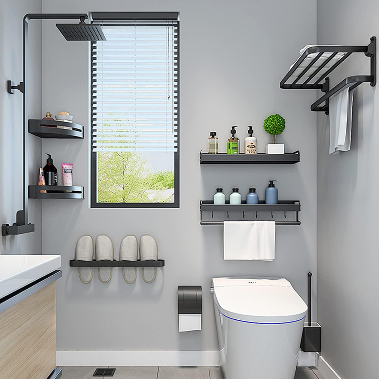 BOZWELL Bathroom Lavatory Towel Rack with Two Towel Bars,24-Inch Towel Holder with Shelf BZ205-A (Matte Black) image number 1