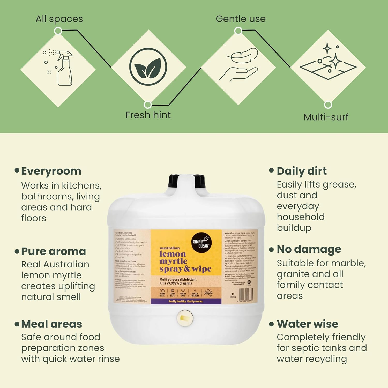 Simplyclean Lemon Myrtle Spray & Wipe - Natural Multi-Purpose Cleaner with Australian Lemon Myrtle Essential Oil - Kitchen and Bathroom Surface Cleaner - Ammonia Free - All Purpose Spray - 15 Ltr image number 2