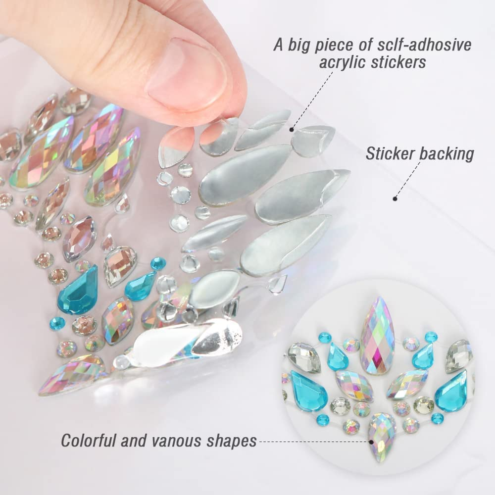 Weyeena Halloween Mermaid Face Gems Glitter 6 Sets Rhinestone Rave Festival Face Jewels, Crystals Face Stickers Eyes Body Temporary Tattoos image number 3