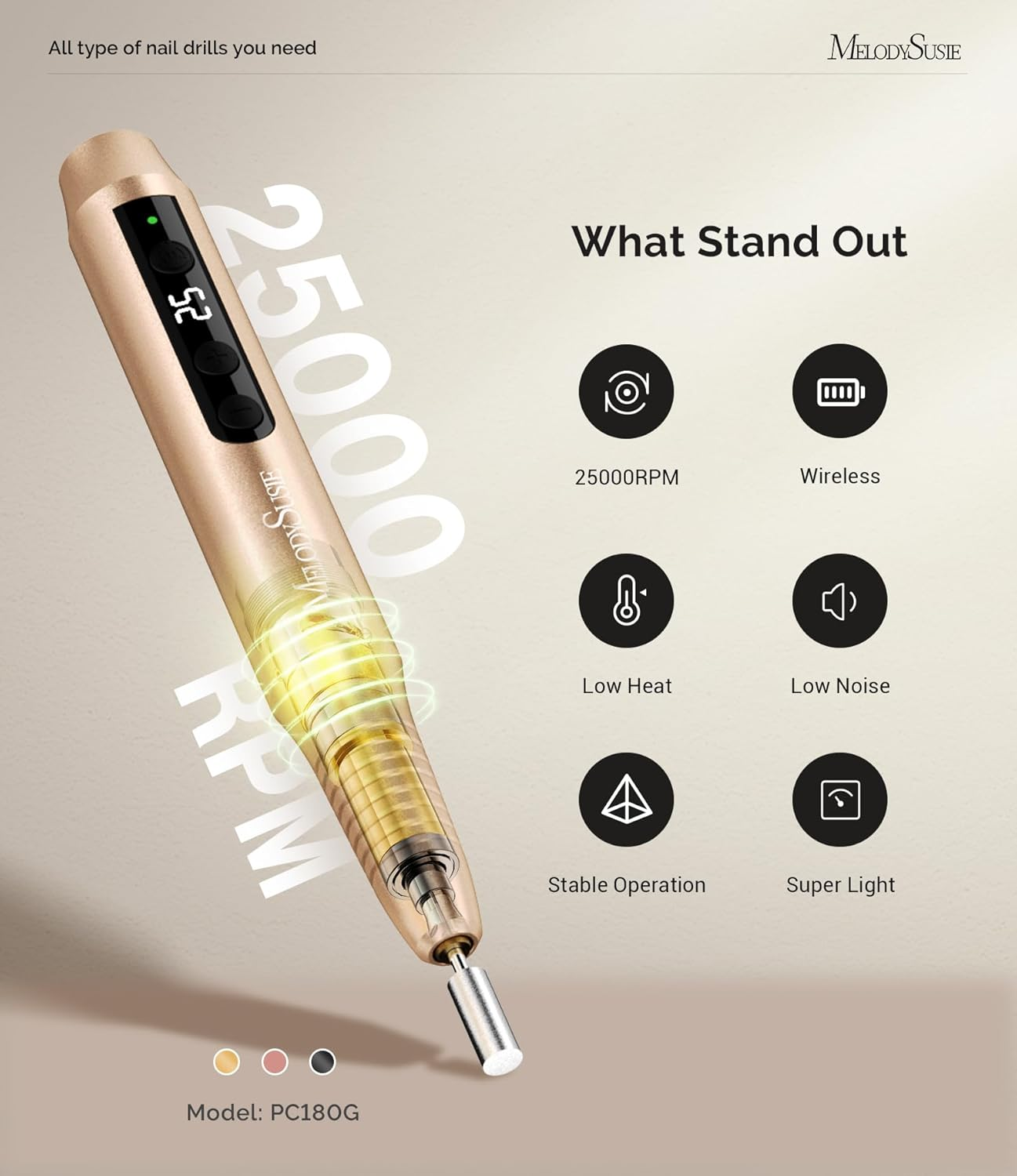 Melodysusie Electric Nail Drill,Cordless Nail File for Acrylic Gel Nails,Pc180G 25,000RPM Professional Portable Nail Drill Efile Manicure Pedicure Polishing Tool with Nail Drill Bits,Sanding Bands - Gold image number 3