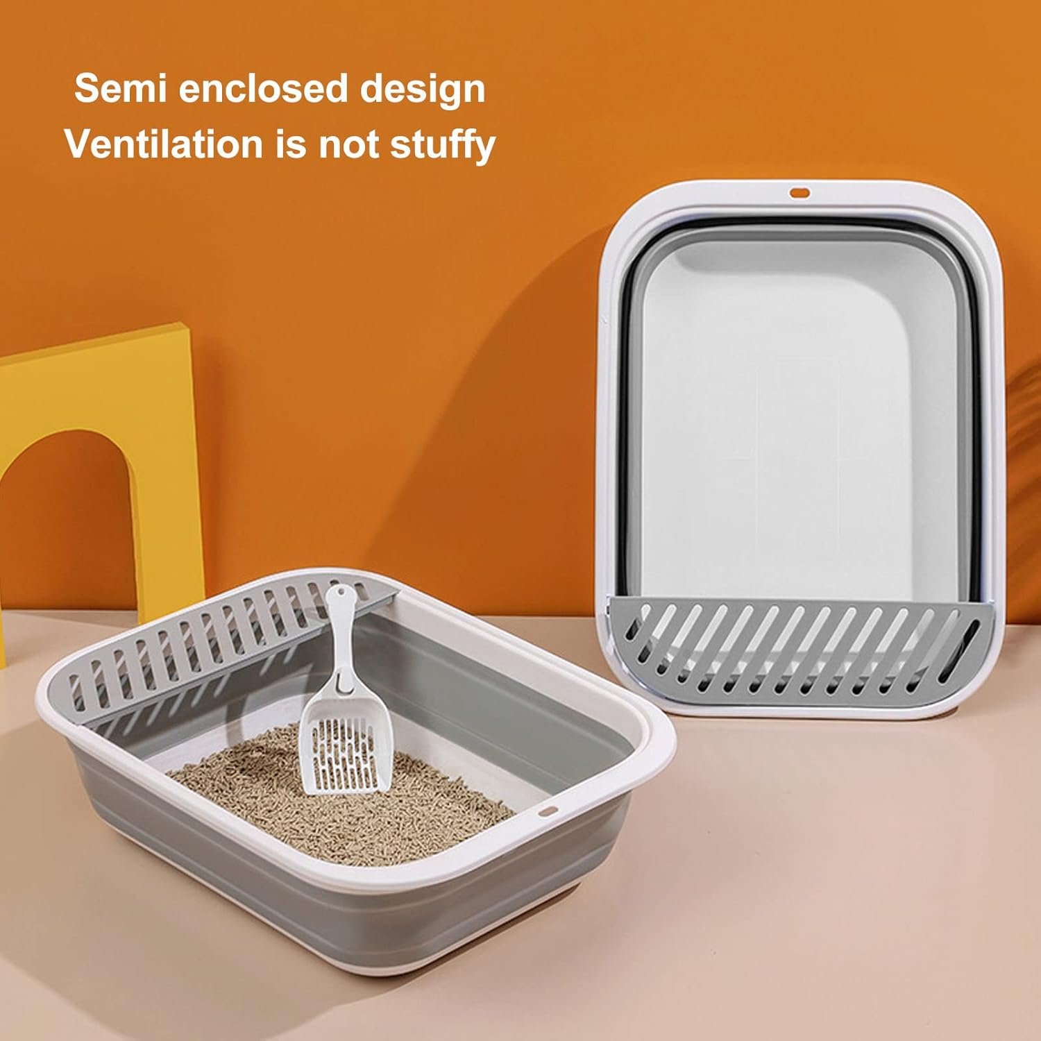 Cat Litter Box, Semi Enclosed Easy Cleaning Splash Proof Foldable Kitten Toilet, Waterproof Cat Travel Litterbox Cats Litter Pan with Litter Sifting Scoop for Indoor Cats Kittens Small Pets(Grey)