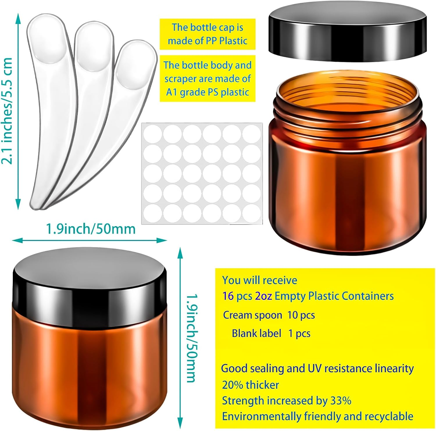 Motbach 16 Pack 2Oz Amber Plastic Jars, 60Ml Empty Small round Cosmetic Jars Refillable Makeup Containers Leakproof Travel Cosmetic Containers with Black Lids for Sample Cream Lotion Powder Ointment image number 2