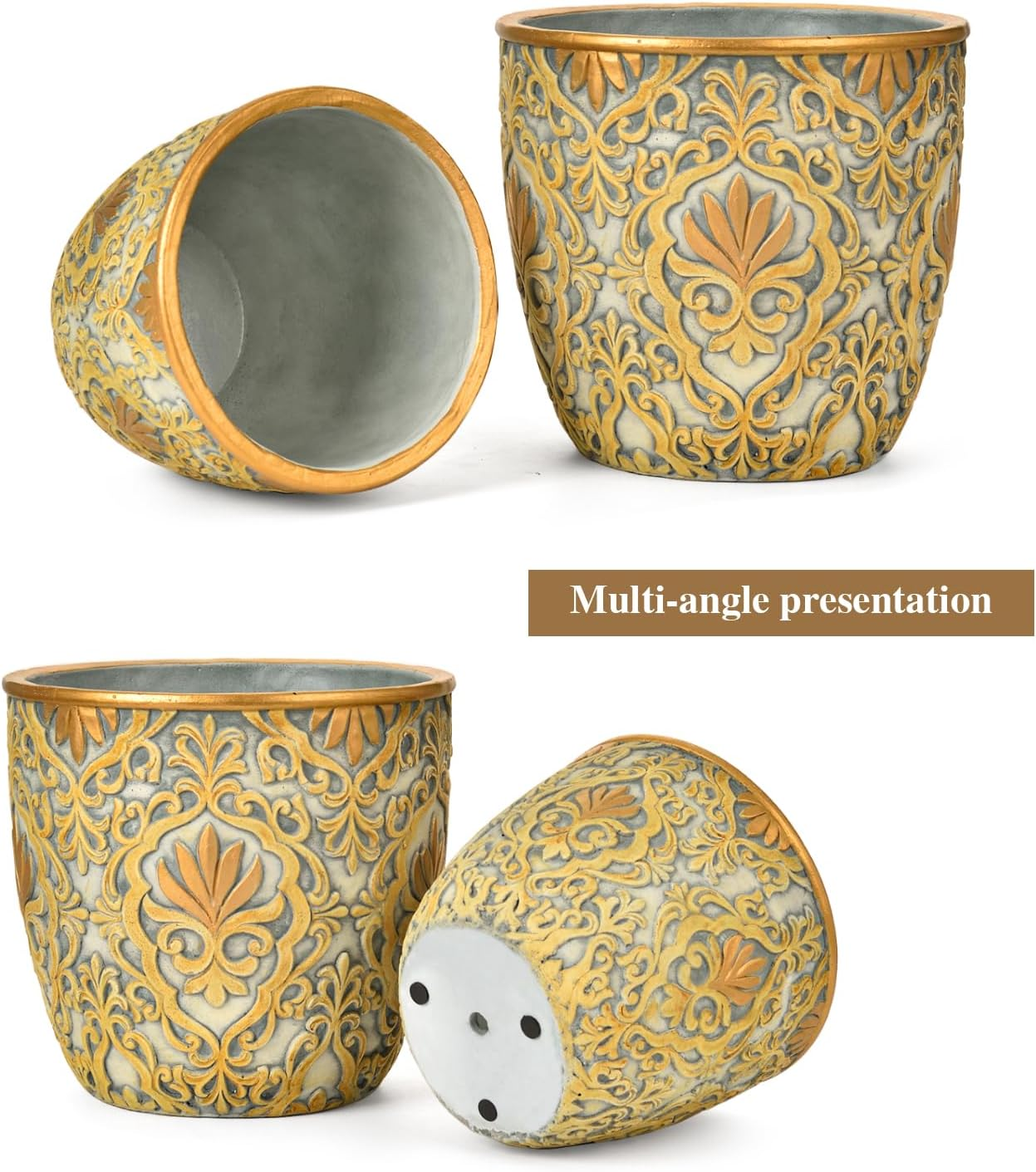 Sungmor Large Heavy Duty Cement Planters, Beautiful Embossed Concrete Garden Pots, 8" & 10" Set of 2 Plant Pots with Drainage Hole, Home Garden Decorative Flower Pots for Indoor Outdoor Plants Floral image number 5