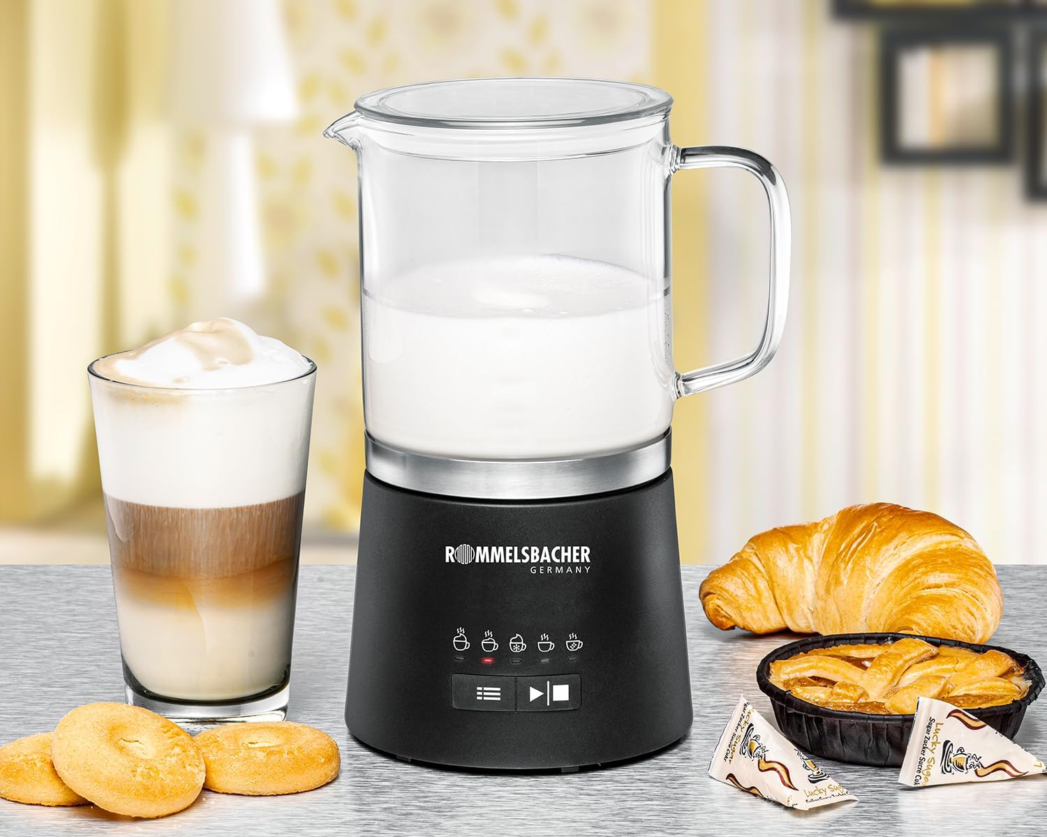 ROMMELSBACHER MS 625 Electric Milk Frother, 500 Ml for Mixing, Glass Jug, 250 Ml for Foaming, 5 Programmes, Hot & Cold Foam or Stir image number 1