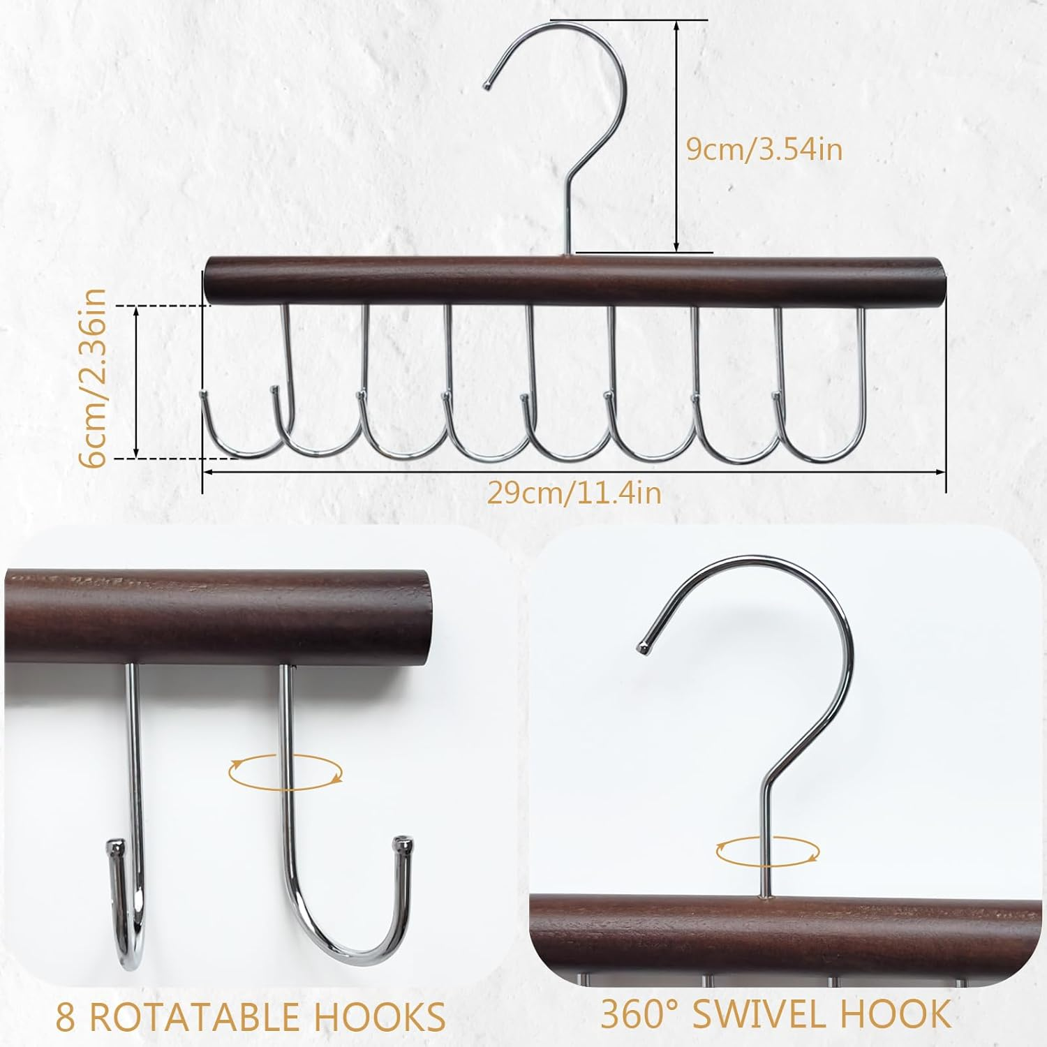 CENZICOM 8 Hooks Belt Hanger for Closet, Wood Tie Rack Hanging Holder 360&deg; Rotating Closet Storage Organizer Space Saving for Tie, Tank Top, Scarf, Necklace (Retro Color) image number 4