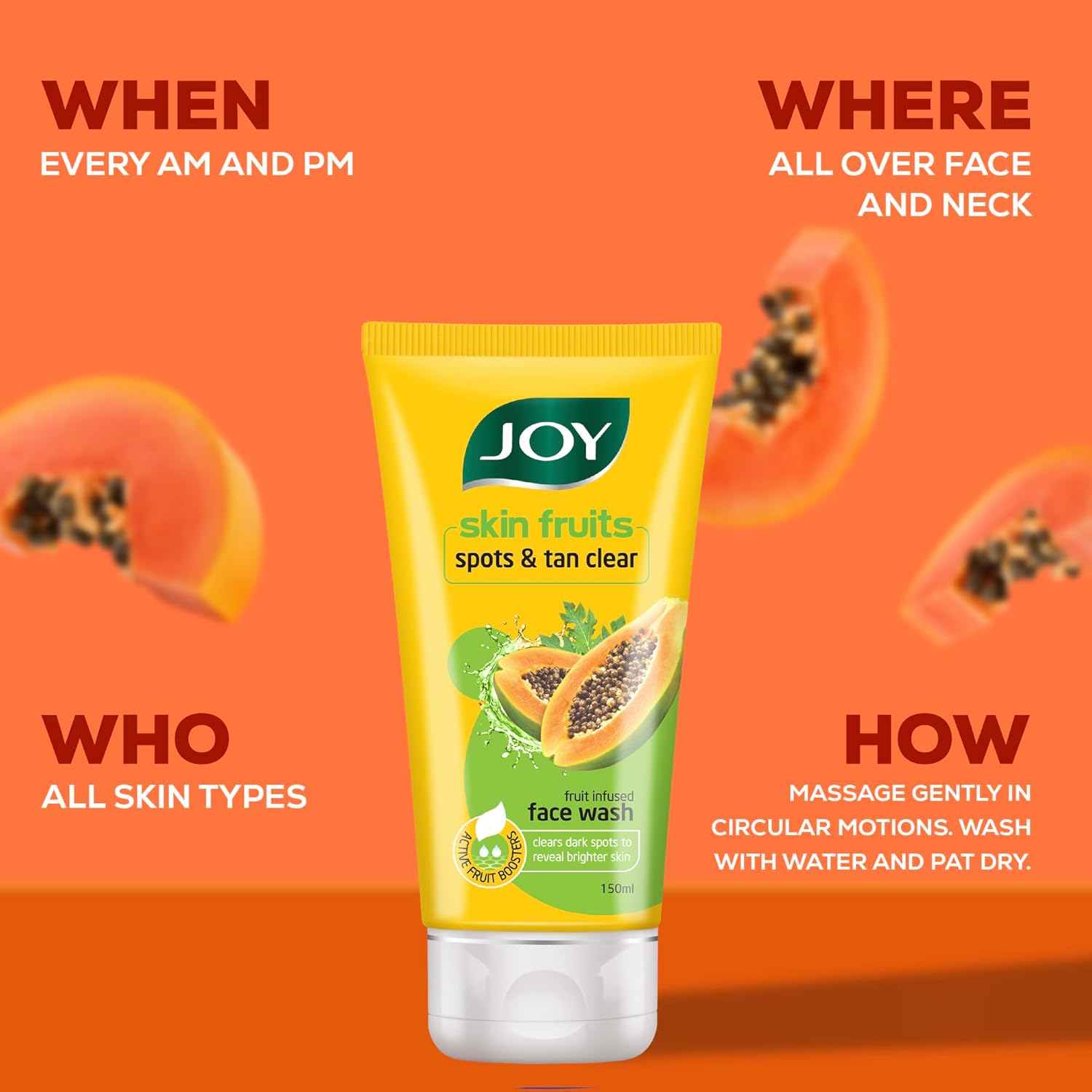Joy Skin Fruits Spots & Tan Clear Face Wash | with Real Papaya Extracts & Active Fruit Boosters | Exfoliates and De-Tans Skin | Papaya Face Wash for Normal to Dry Skin | Pack of 2 X 100 Ml image number 2
