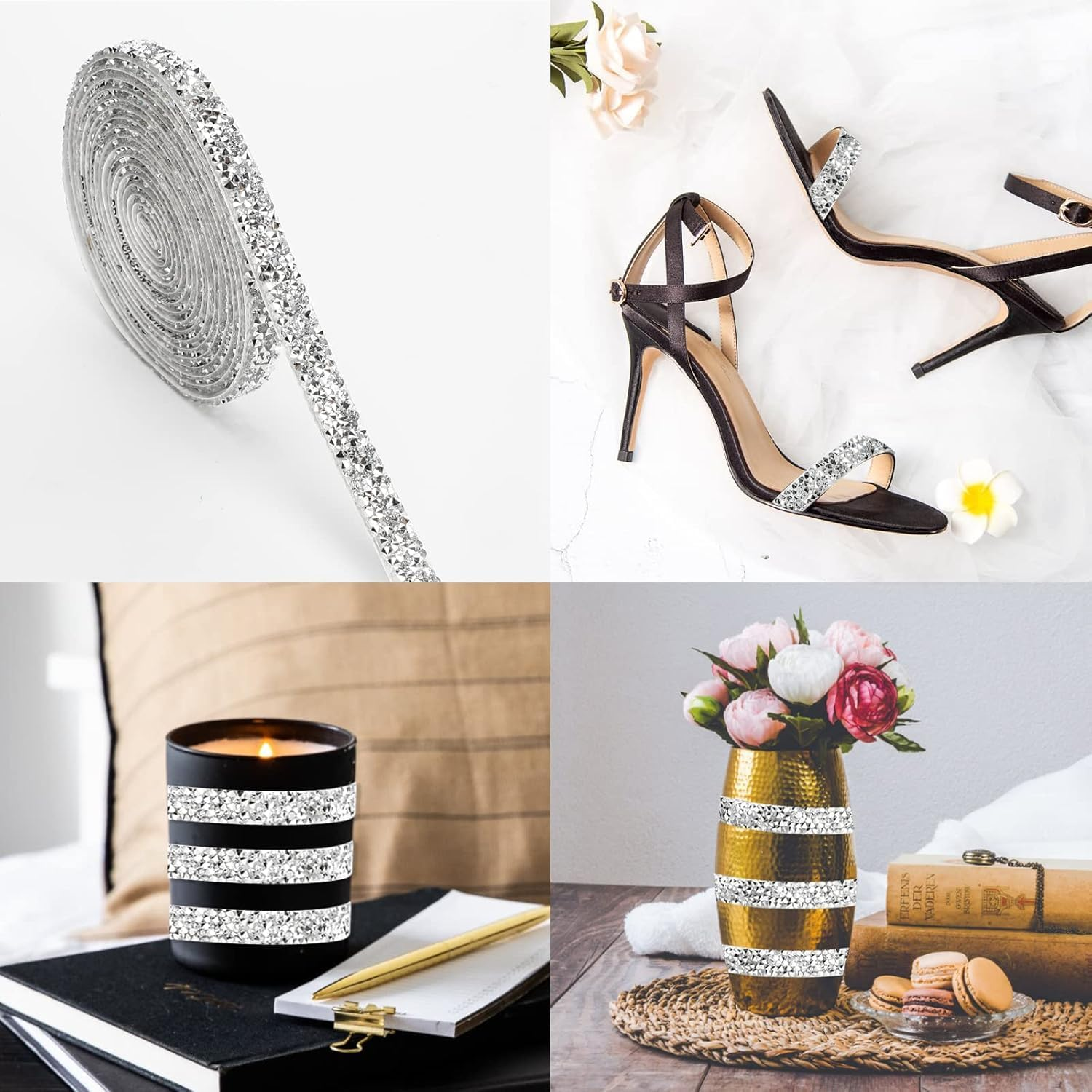 1 Yards Resin Rhinestone Ribbons Self Adhesive Diamond Ribbon Crystal Strips Roll Silver Glitter Resin Diamond Belt Bling Rhinestone Rope for DIY Art Crafts (Silver, One Size) image number 1