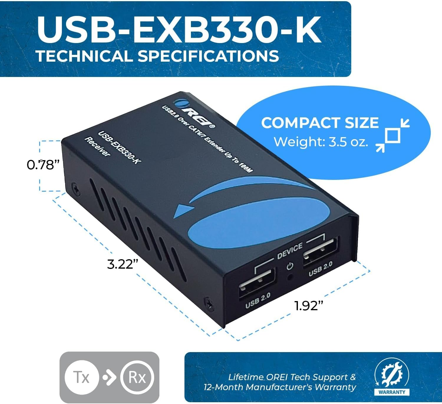 OREI USB Extender over Ethernet up to 165 Feet - Extend USB 2.0 Signal over Ethernet, 480 Mbps Transfer Rate, 2 USB 2.0 Inputs Extended up to 165 Feet image number 4