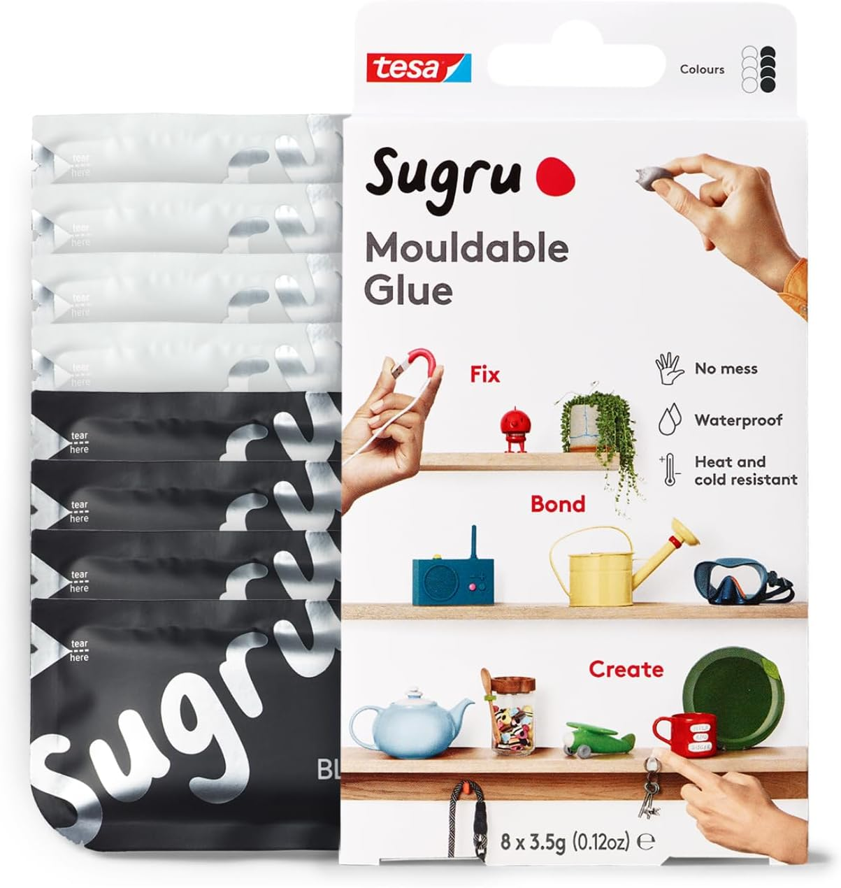 Tesa Sugru Super Glue - Waterproof Wood Glue for Home Improvement & Crafts - Use as a Poster Putty or Silicone Adhesive for Repairing & Bonding - 8 Pack - Black & White (3.5G/Ea)