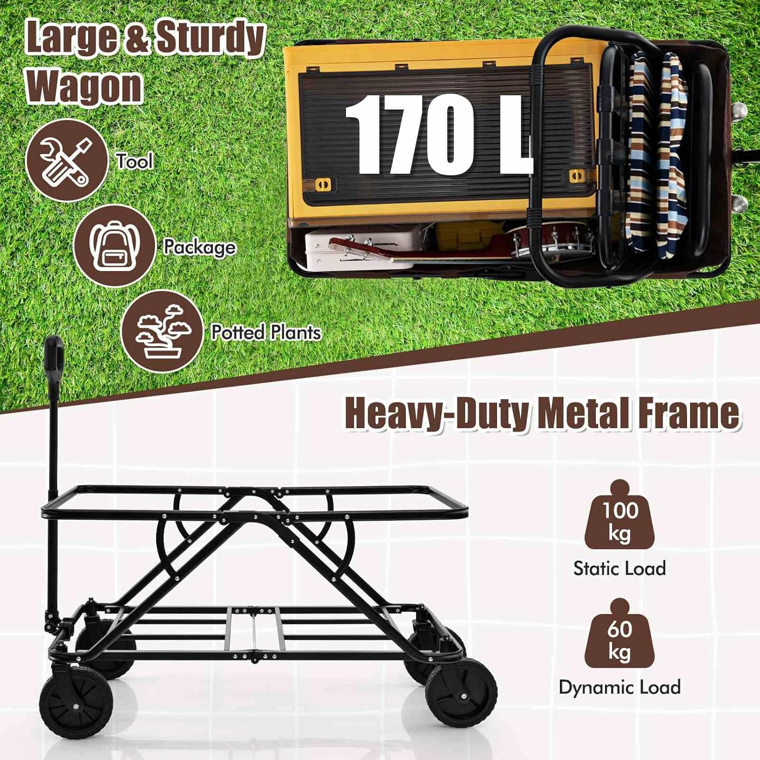 Costway Heavy-Duty Wagon Cart, Collapsible Folding Wagon W/Adjustable Handlebar, Bottle Holders & Storage Pocket, Patio Folding Utility Cart for Camping, Beach, Garden, Sports (Coffee) - Grey image number 6