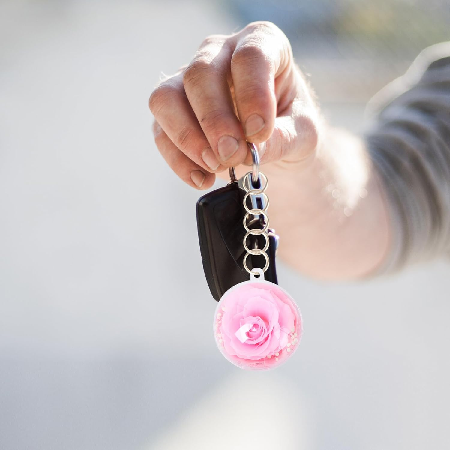 GOOHOCHY Preserved Flower Key Pendant Bag Charm Pink 5Cm Ball Keychain for Women New Year DIY Accessory image number 2