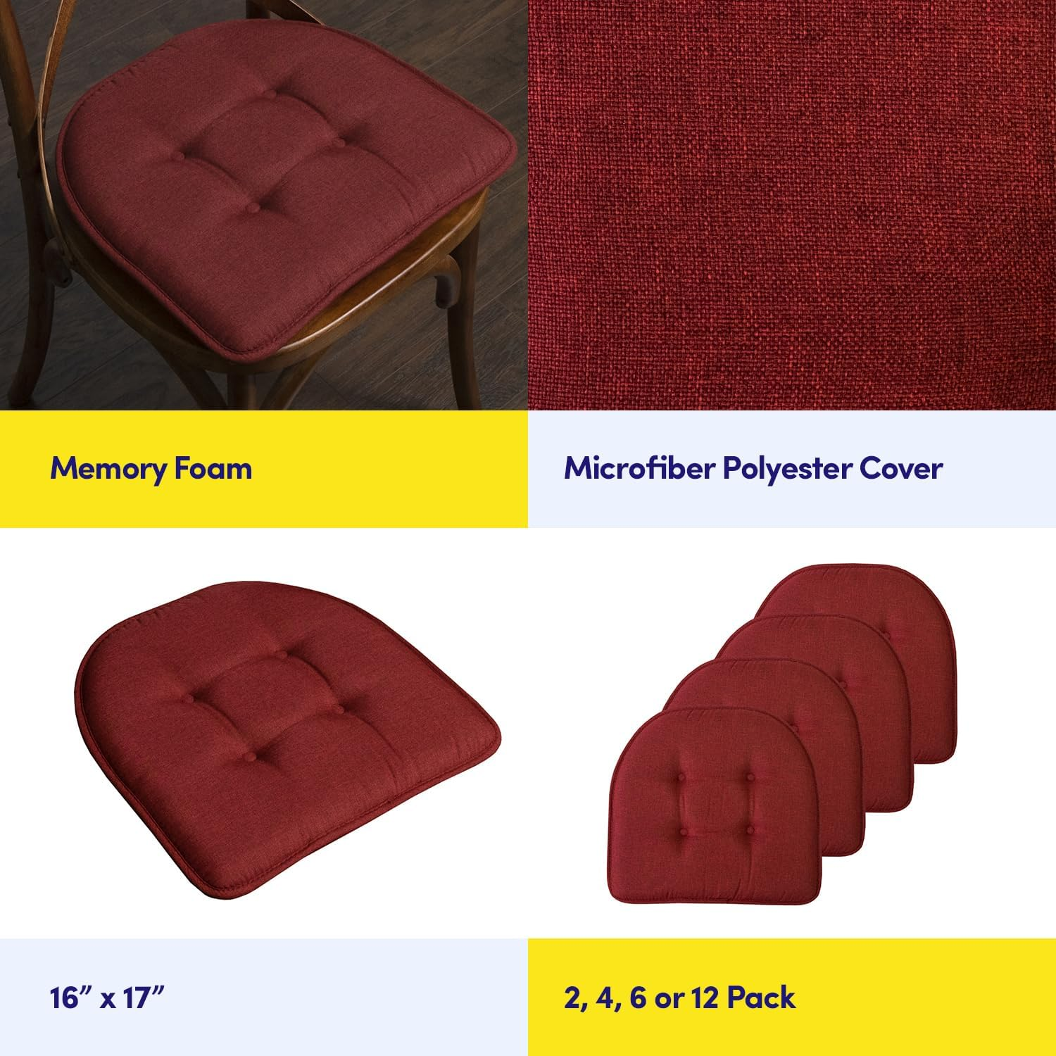 Sweet Home Collection Chair Cushion Memory Foam Pads Tufted Slip Non Skid Rubber Back U-Shaped 17" X 16" Seat Cover, 2 Count (Pack of 1), Wine Burgundy image number 2