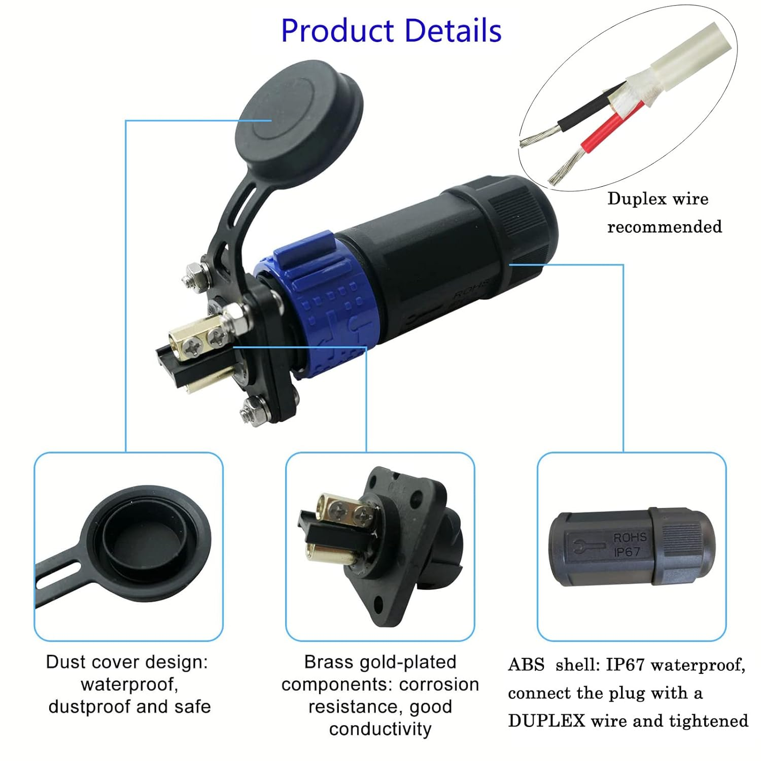 50 Amp Industrial Connector, 8AWG 2 Pin Waterproof IP67 Plug & Receptacle for Solar Array Charging RV Camper Trolling Motor (Blue) image number 3