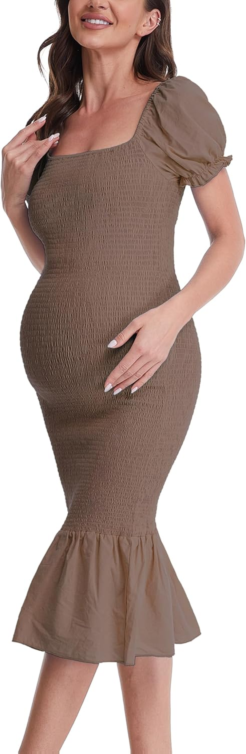 Maternity Summer Midi Bodycon Dresses, Short Puff Sleeve Square Neck Ruffle Hem Mermaid Baby Shower Dress