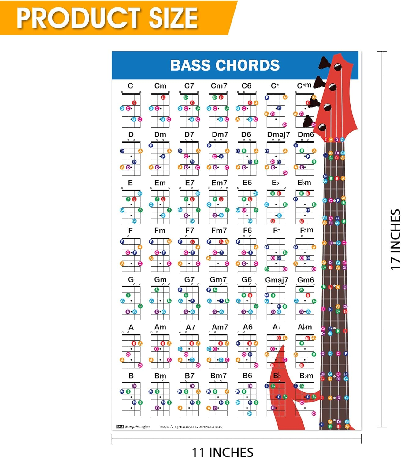 QMG Bass Guitar Chord Poster (11"X17"), Bass Guitars Accessories, Laminated Bass Chord Chart, 49 Color Coded Chords, Beginner Bass Chords Chart for Learn to Play Music Theory image number 6