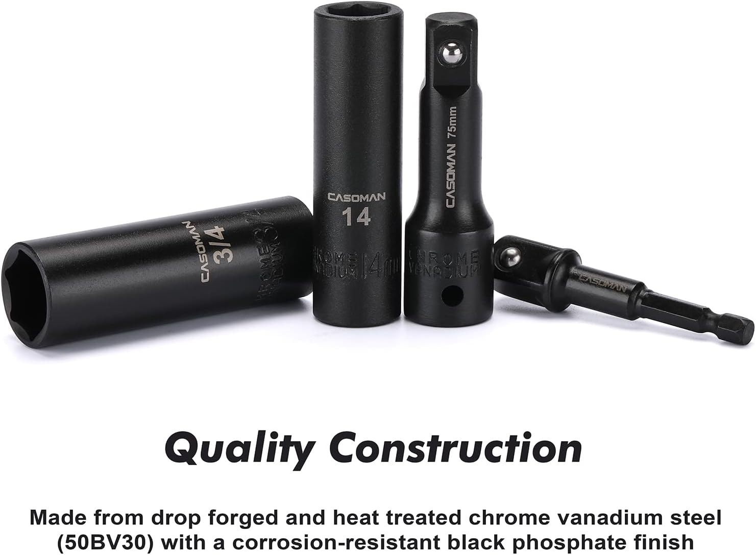 CASOMAN 25PCS 1/2" Drive Impact Socket Set, Deep, Cr-V Steel, 6 Point, Metric&Sae, 12Mm to 24Mm, 3/8 Inch to 1 Inch, Includes Extension Bars: 3-Inch, 5-Inch, 1/2-1/4 Adapter image number 2