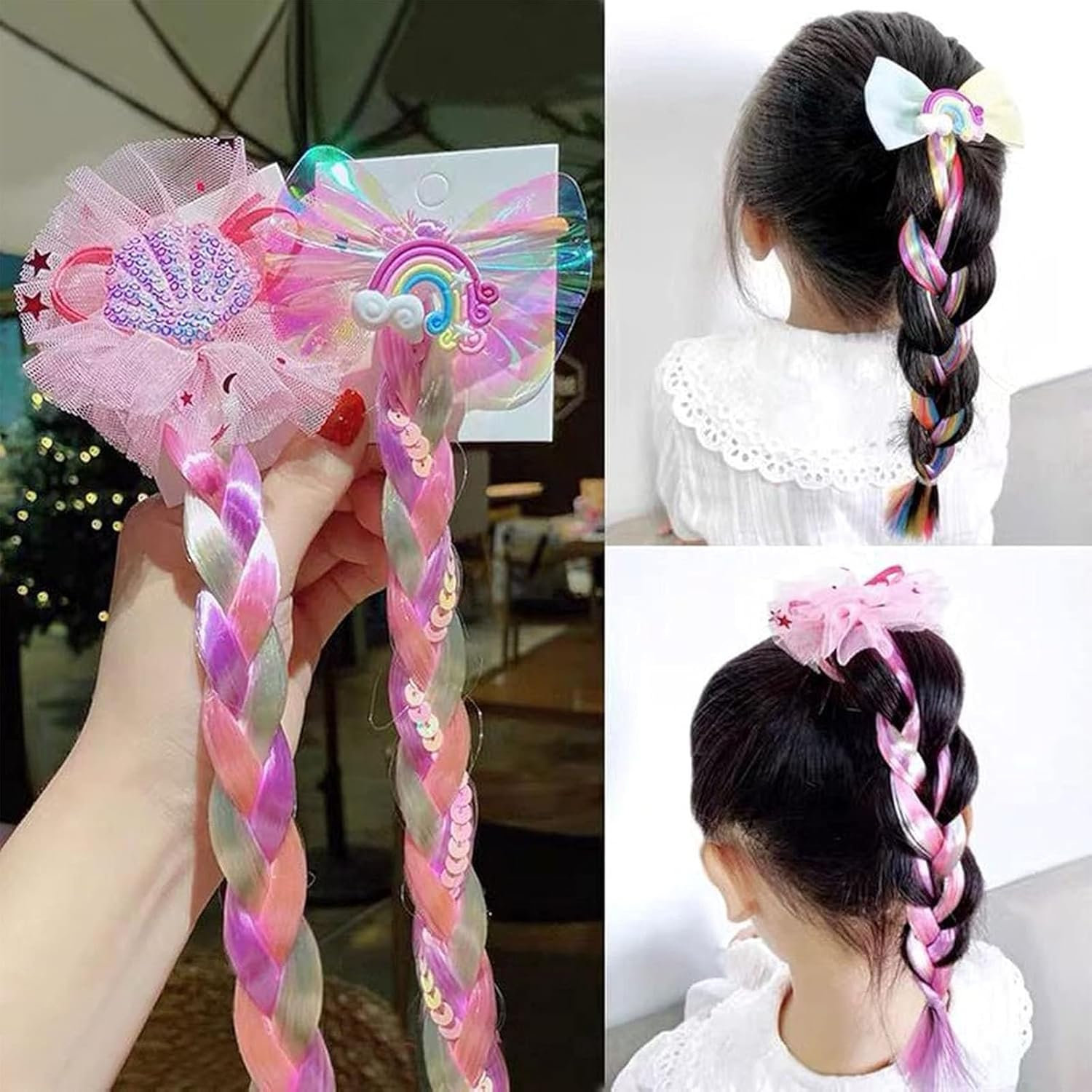 Children'S Twist Braided Colorful Wig Hair Ring Hair Extension Clips for Girls, Fashion Gradient Color Sequins Cute Girl Princess Headdress Children'S Day image number 5