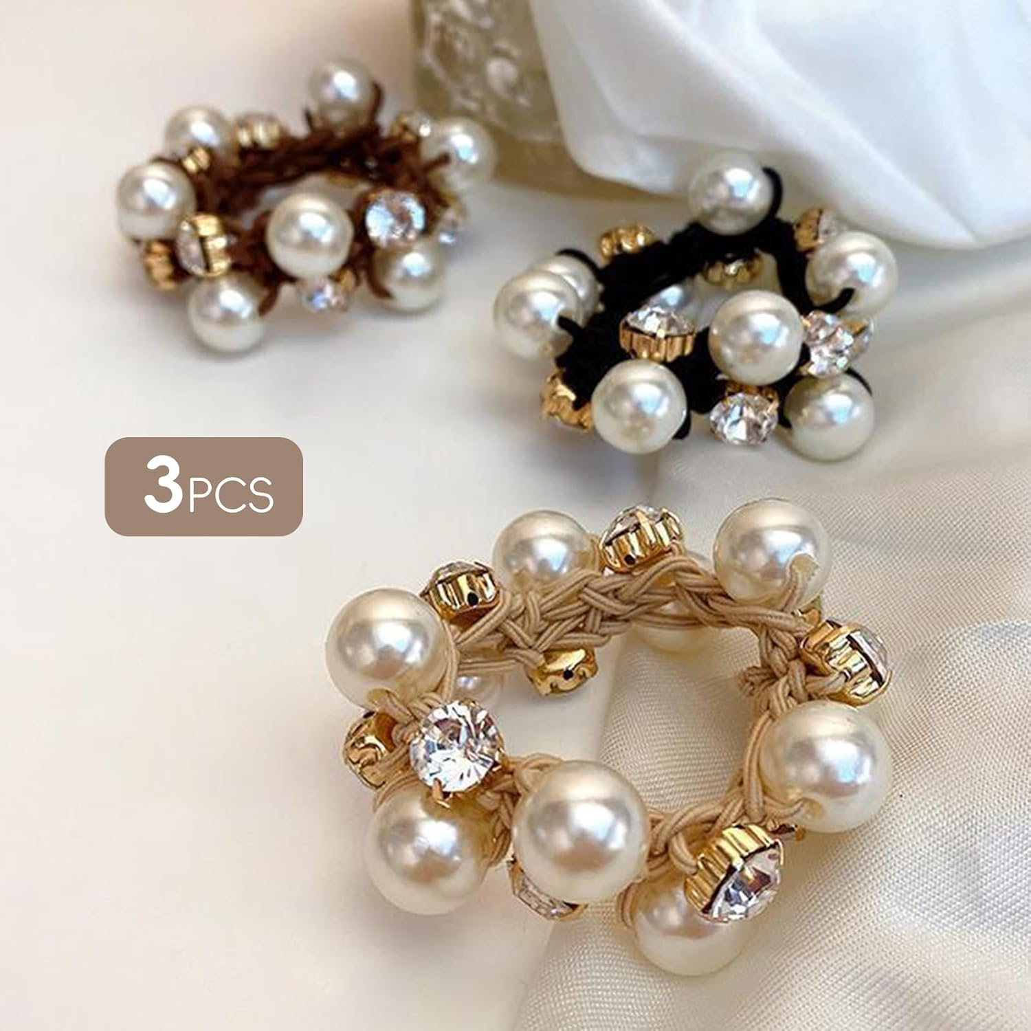 Hzqzaoan Pearl Hair Ties Black Ponytail Holders Elastic Crystal - Hair Tie Hair Accessories for Women, Black Ponytail Scrunchies Holders for Girls Pearl Accessories (Pack of 3) image number 4