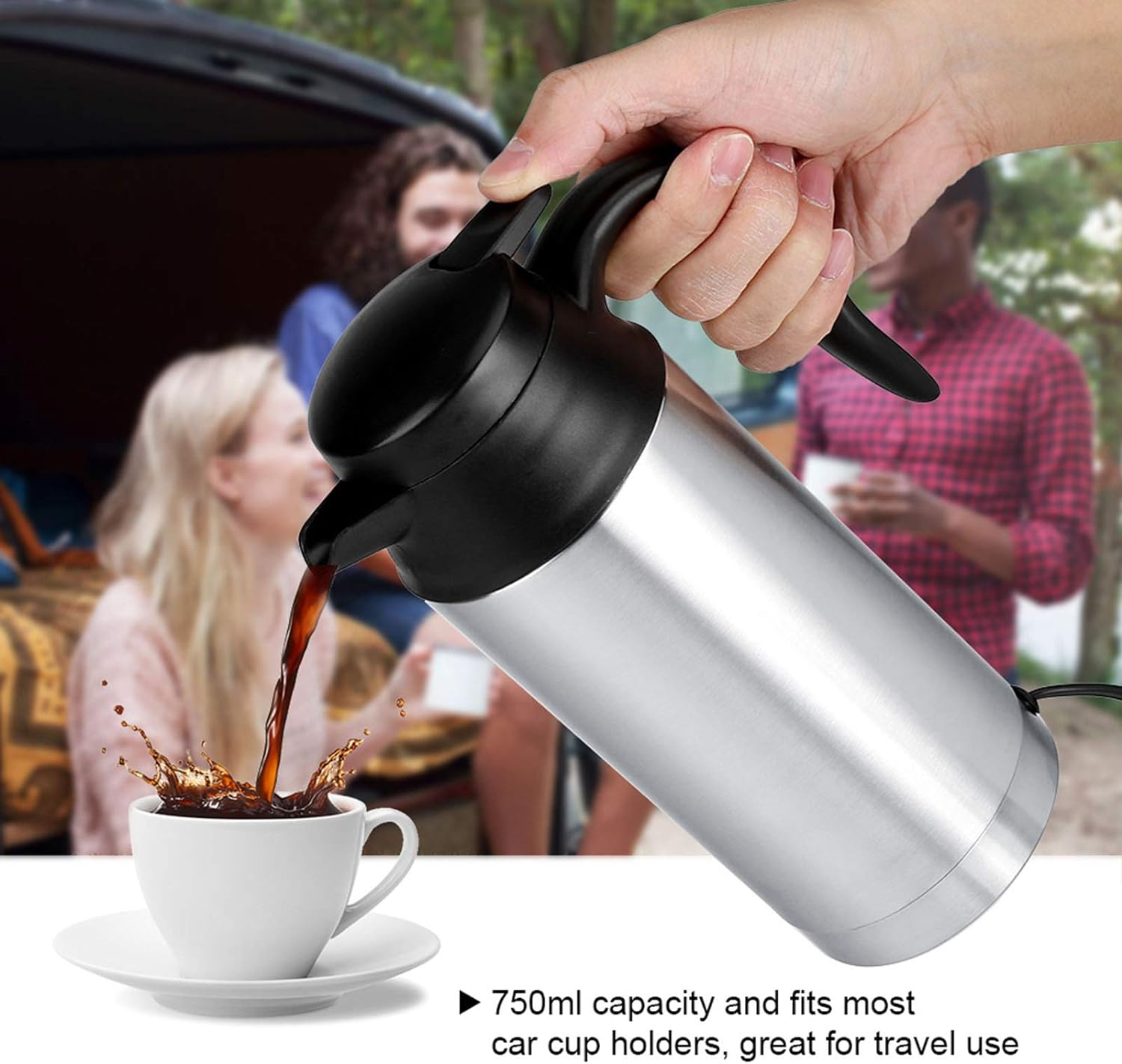 Car Kettle, 12V 750Ml Food Grade Stainless Steel Car Heating Cup, Portable Fast Boiling Travel Kettle with Indicator Light and Charger for Hot Water, Coffee, Tea, Beverage image number 3
