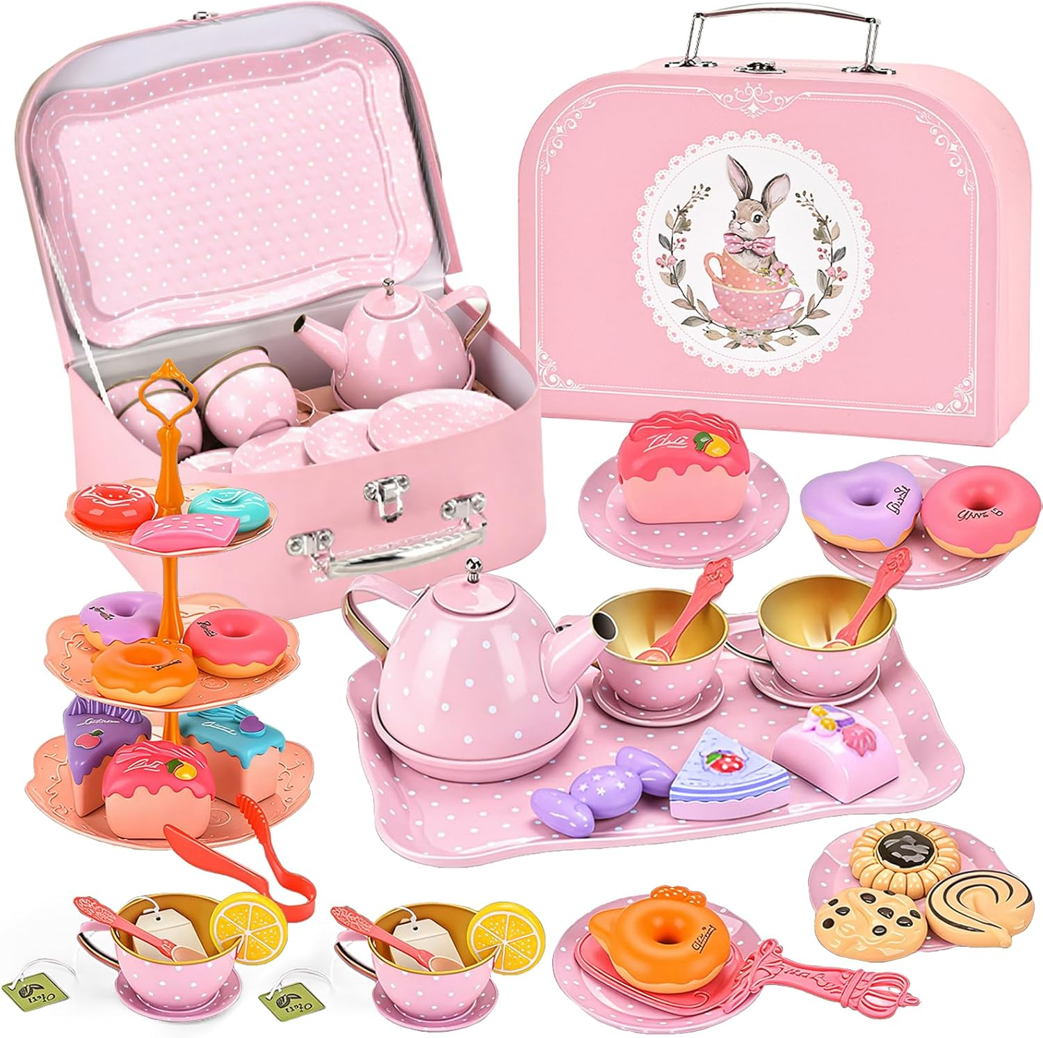 46Pcs Tea Party Set for Little Girls,Pretend Play Tea Set Toys, Food Toy Dessert Accessories, Birthday Gift for Kids Girls 3 4 5 6 Year Old image number 4