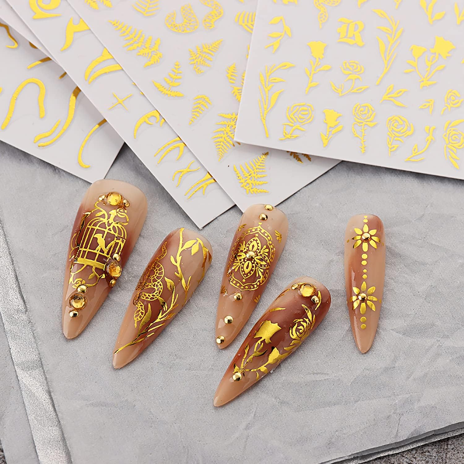 6 Sheets Gold Nail Art Adhesive Sticker 3D Self-Adhesive Nail Decals Art Design Holographic Moon Sun Stars Nail Art Sticker Decoration for Women Manicure Tips Acrylic Nails DIY Nails Art Supplies