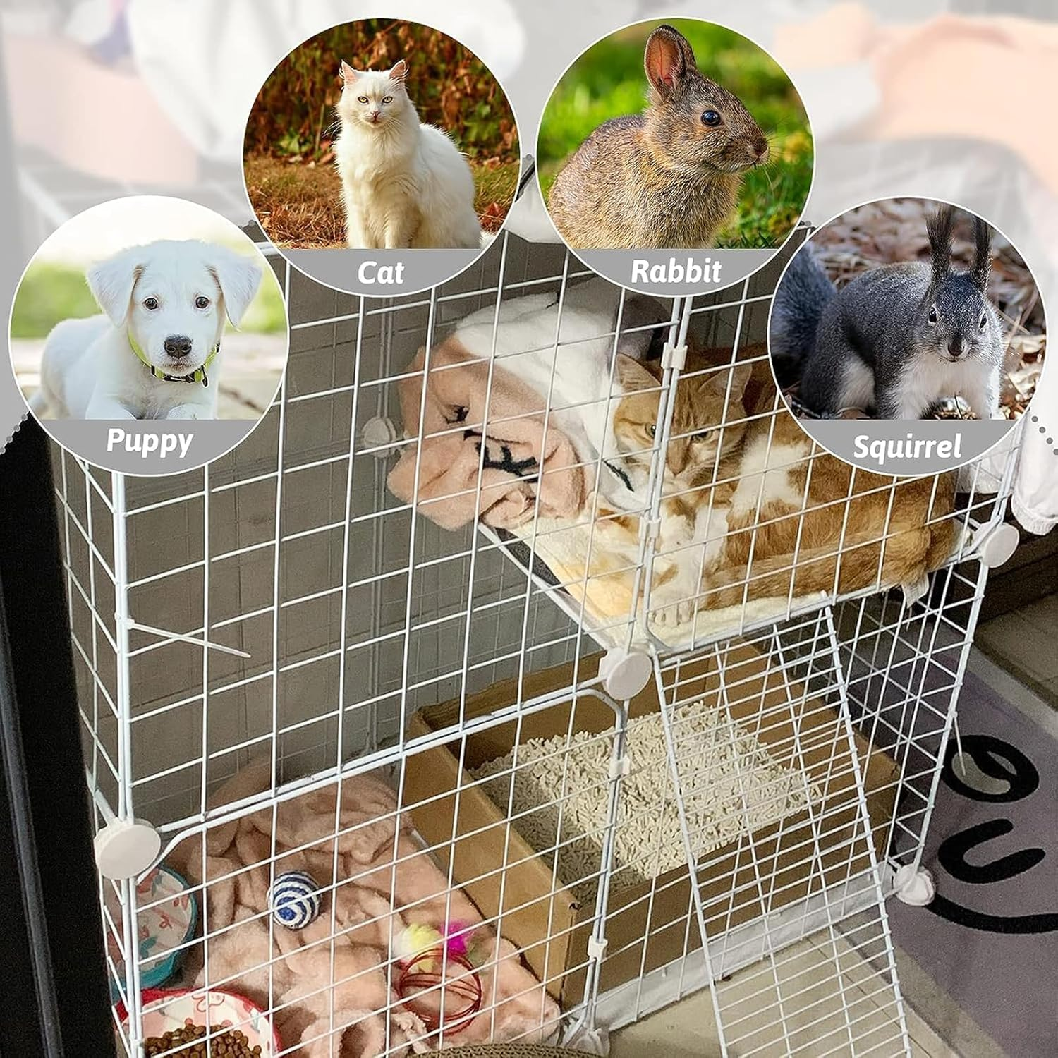 2-Tier Cat Cage, DIY Metal Wire Cat Cage Playpen with Ladder, Indoor DIY Kennels Crate, Removable Cat House, Crate Exercise Place(Black) image number 5