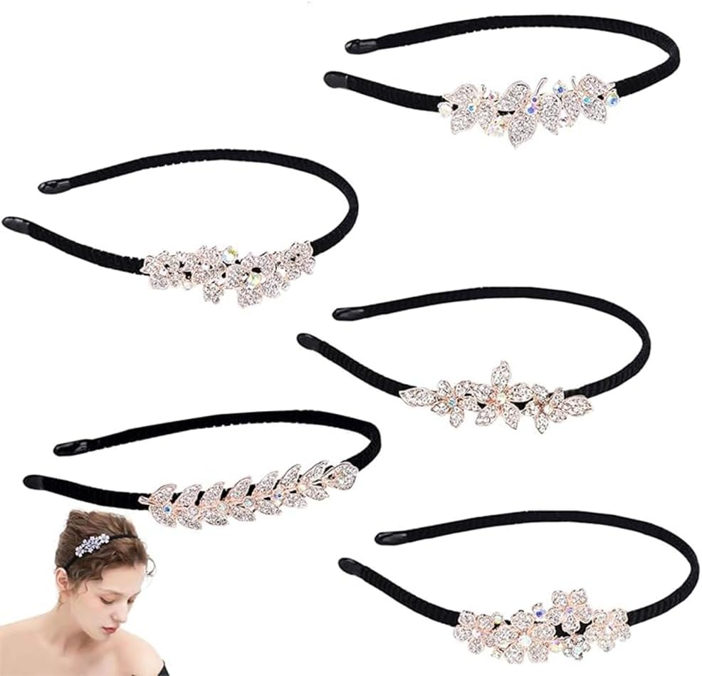 5 Styles Crystal Hair Band for Women Headbands, Fashion Hairband Flower Leaf Jewelry Rhinestone Head Hoop Cute Beaded Elegant Bling Headwear Accessory Wedding Bride image number 4