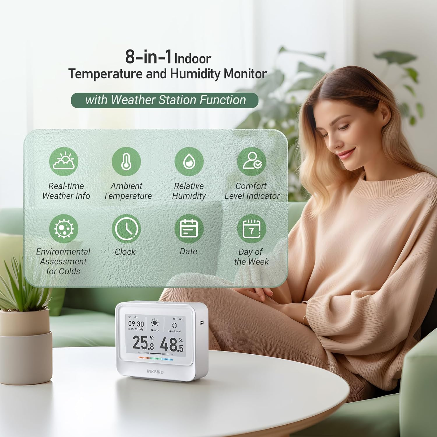 INKBIRD Indoor Temperature and Humidity Monitor 8-In-1 IBS-TH5-WIFI, Home Weather Station with Large Electronic Ink Display, Free App, Smart Alarms, Indoor Air Quality Monitor, 2-Year Data Cloud Save image number 1