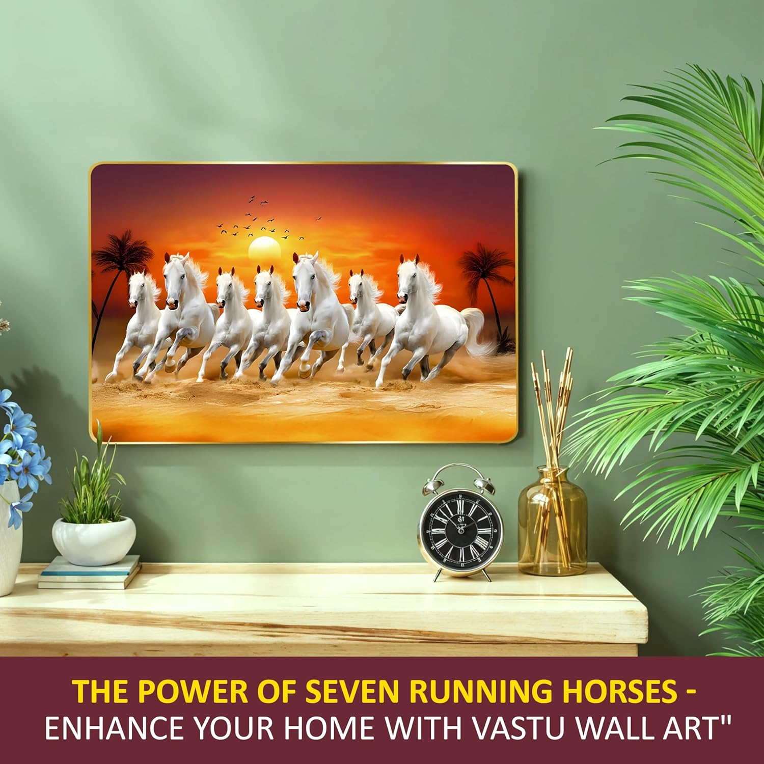 Rousrie 7 Horses Realistic Painting with Frame for Wall Vastu | Seven Running Horse Painting for Wall Decor Living Room Decoration | Big Size Photo Frame | 47 by 32 Cm image number 4
