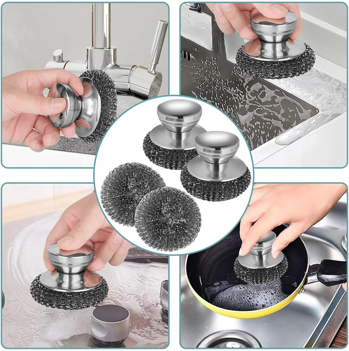 2Pack Stainless Steel Scrubber with 2 Replacement Wire Pads, Steel Wool Scrubber with Stainless Steel Handle, for Cleaning Dishes, Cast Iron, Stock Pots, Pans, Griddles, Grills image number 4