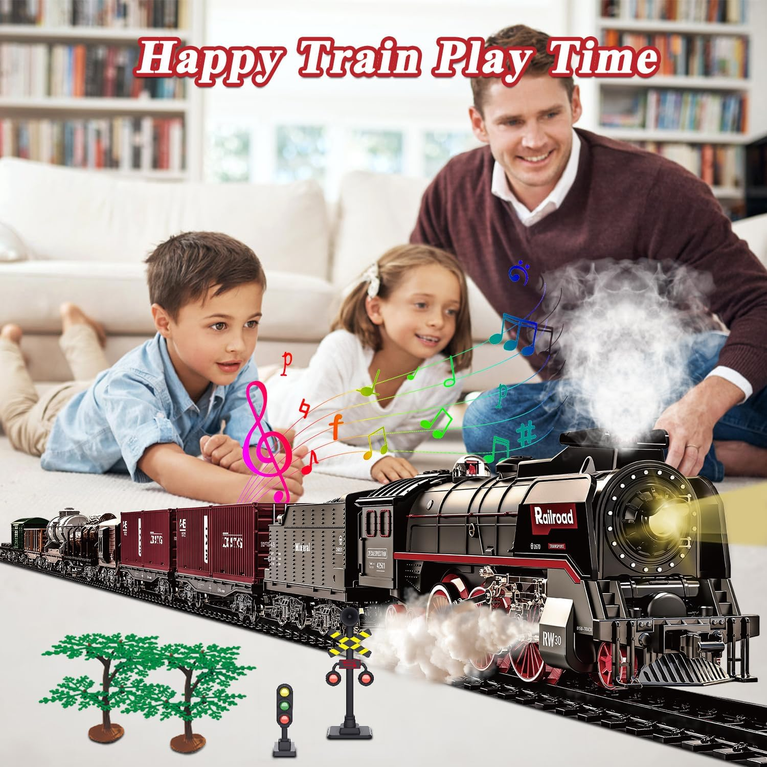 Train Set for Kids, Electric Train Toys with Realistic Light Sounds Smoke, Christmas Train Model Gifts for Toddlers Boys Girls, Steam Locomotive, Luxury Track & 3 Truck Carriages image number 2