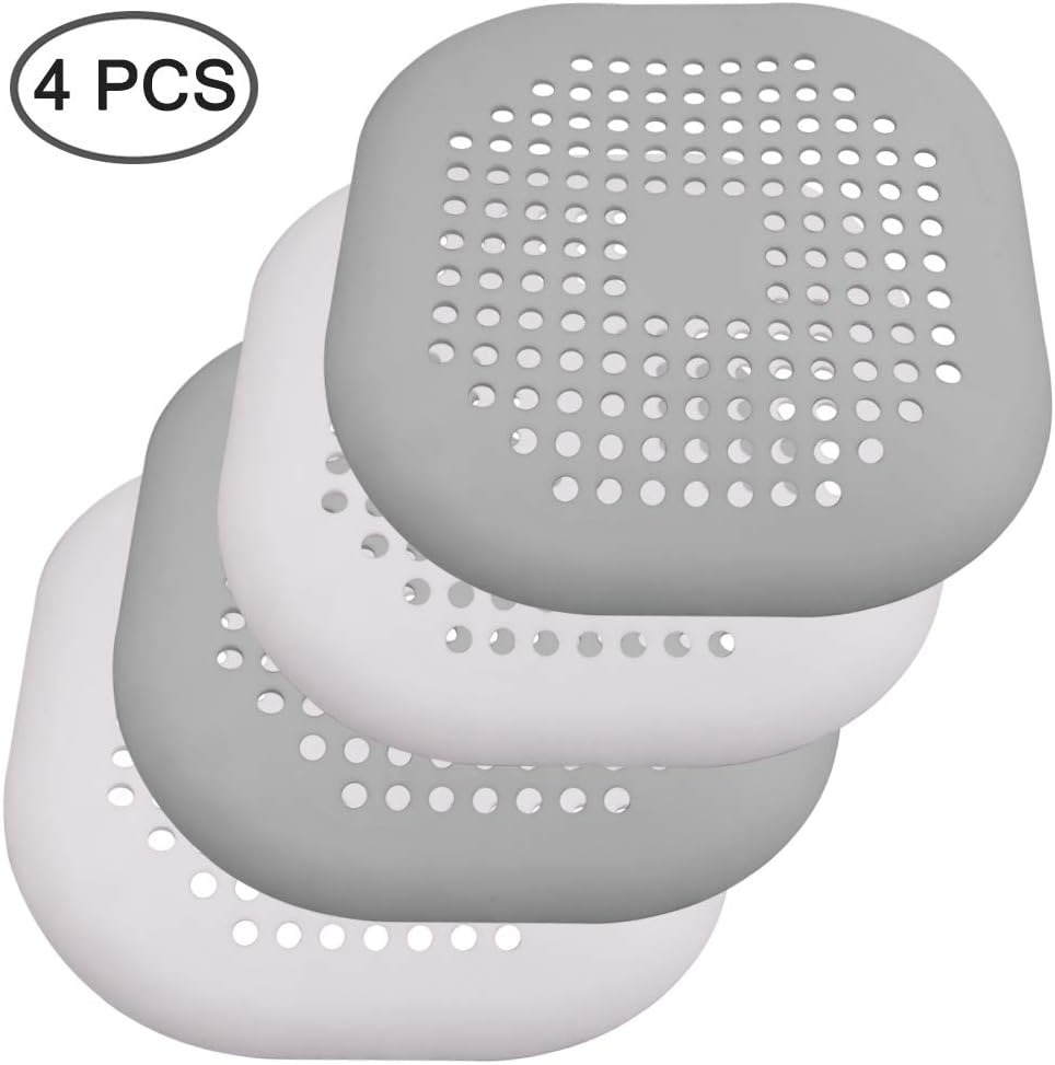 4 Pcs Silicone Drain Protector with Sucker, SENHAI Sink Strainer Shower Hair Catcher Bathtub Drain Cover for Kitchen Bathroom- White, Grey